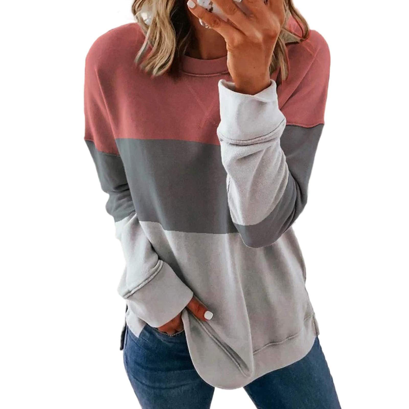 Womens Plus Size Color Block Hoodies Sweatshirts Long Sleeve Pullover Tunic  Tops