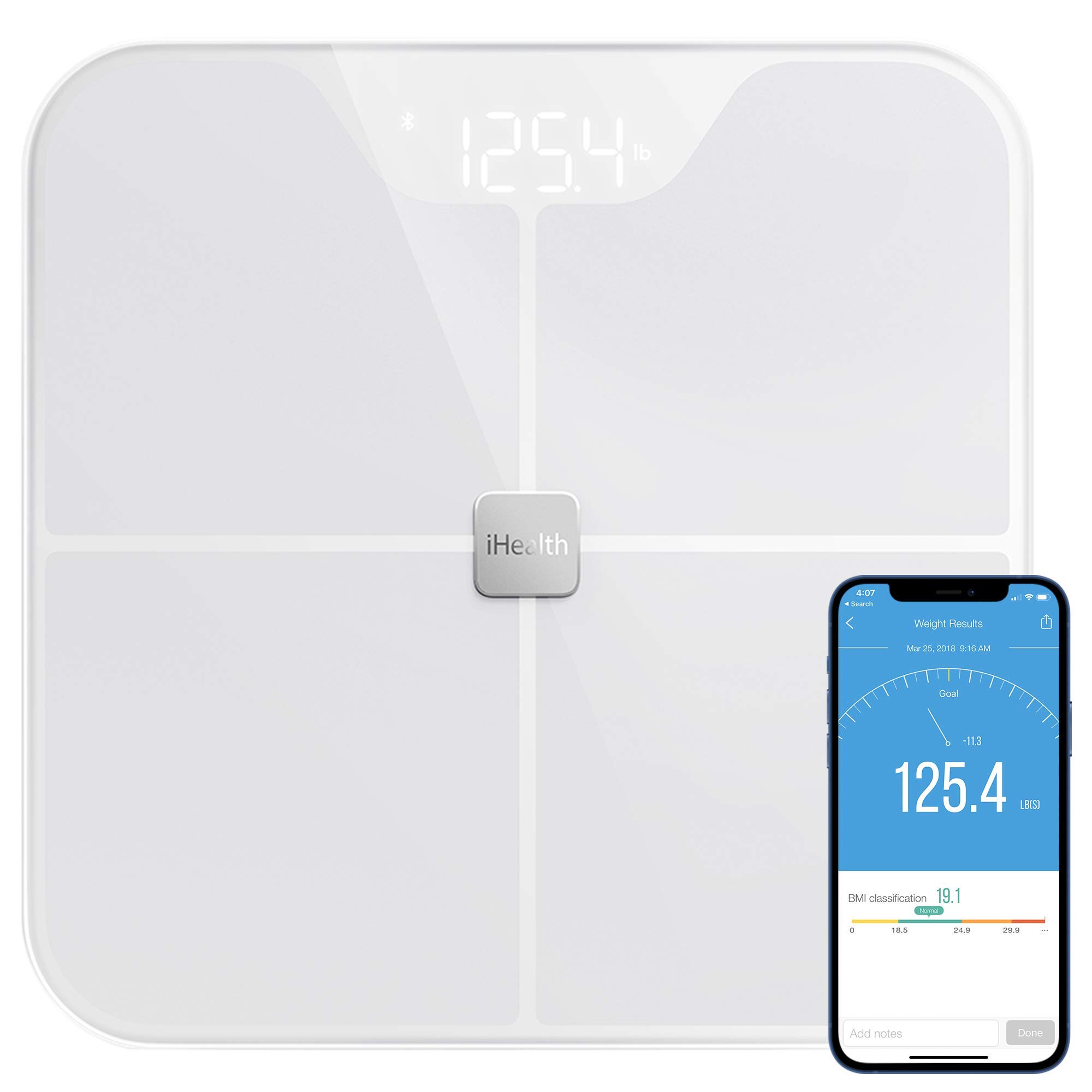 iHome Smart Scale, BT Connectivity, Weight Composition, BMl, W/ Smart Phone  App