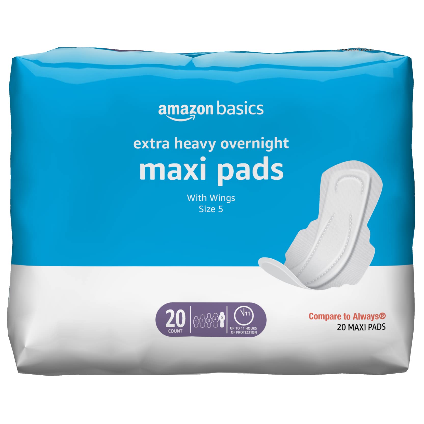 Basics Thick Maxi Pads with Flexi-Wings for Periods, Extra Heavy  Overnight Absorbency, Unscented, Size
