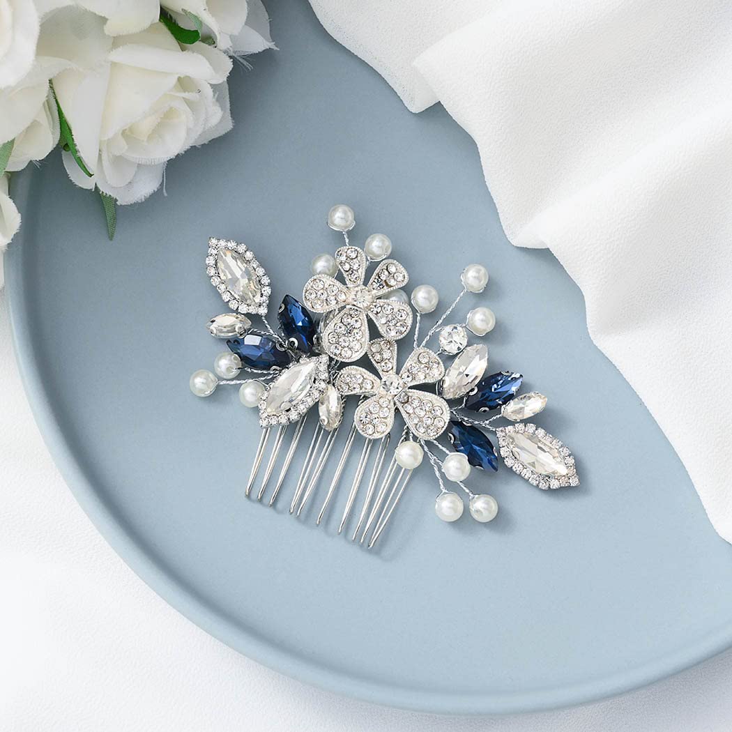 Catery Flower Bride Wedding Hair Comb Blue Crystal Side Combs