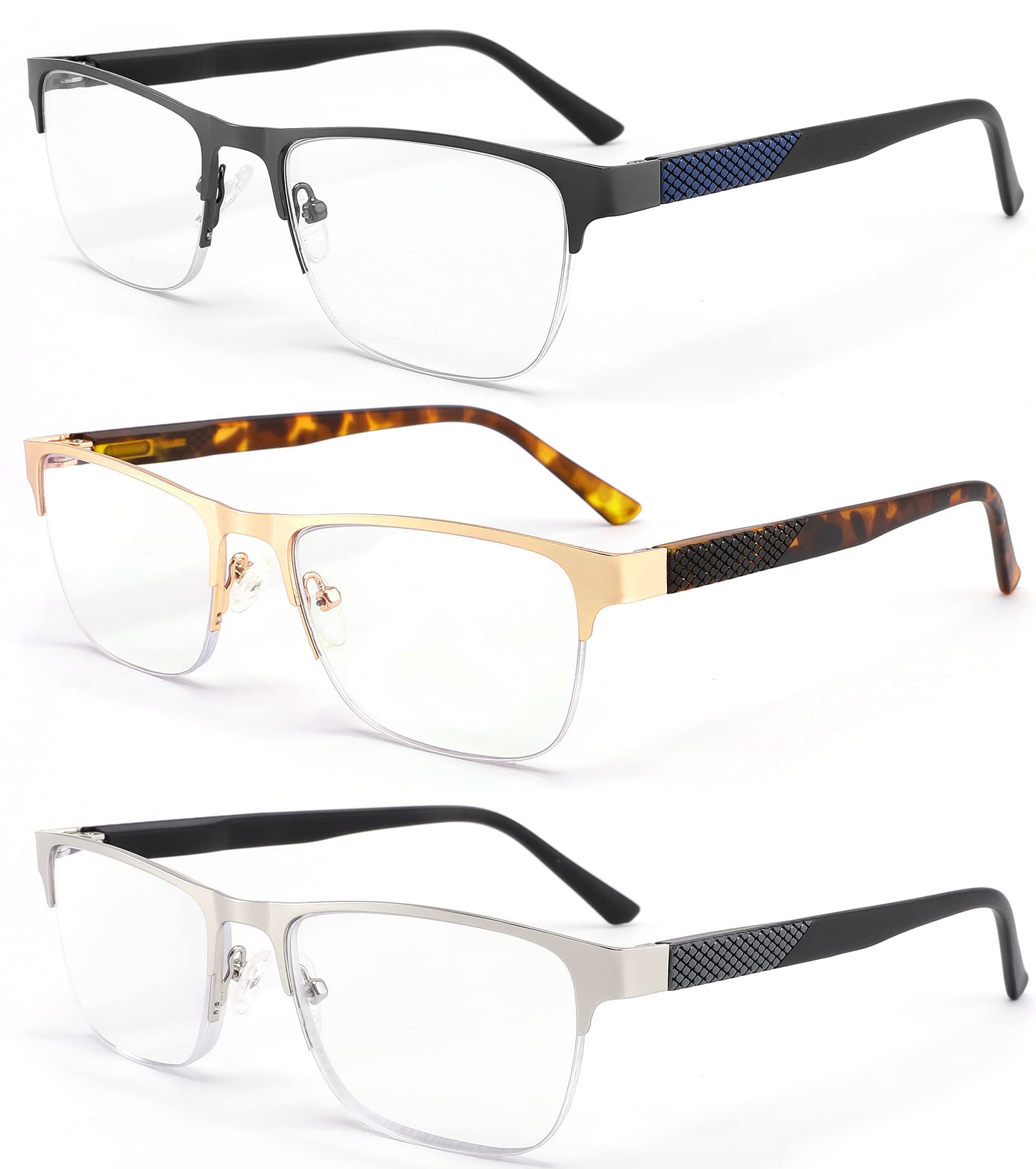 3-Pack Blue light Blocking Reading Glasses for Men, Fashion Metal Half  Frame Readers With Flexible