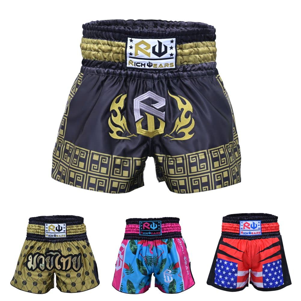 RICHWEARS USA Thai Shorts for Muay Thai, Martial Arts Trunks for Grappling  Gym Exercises Black Small