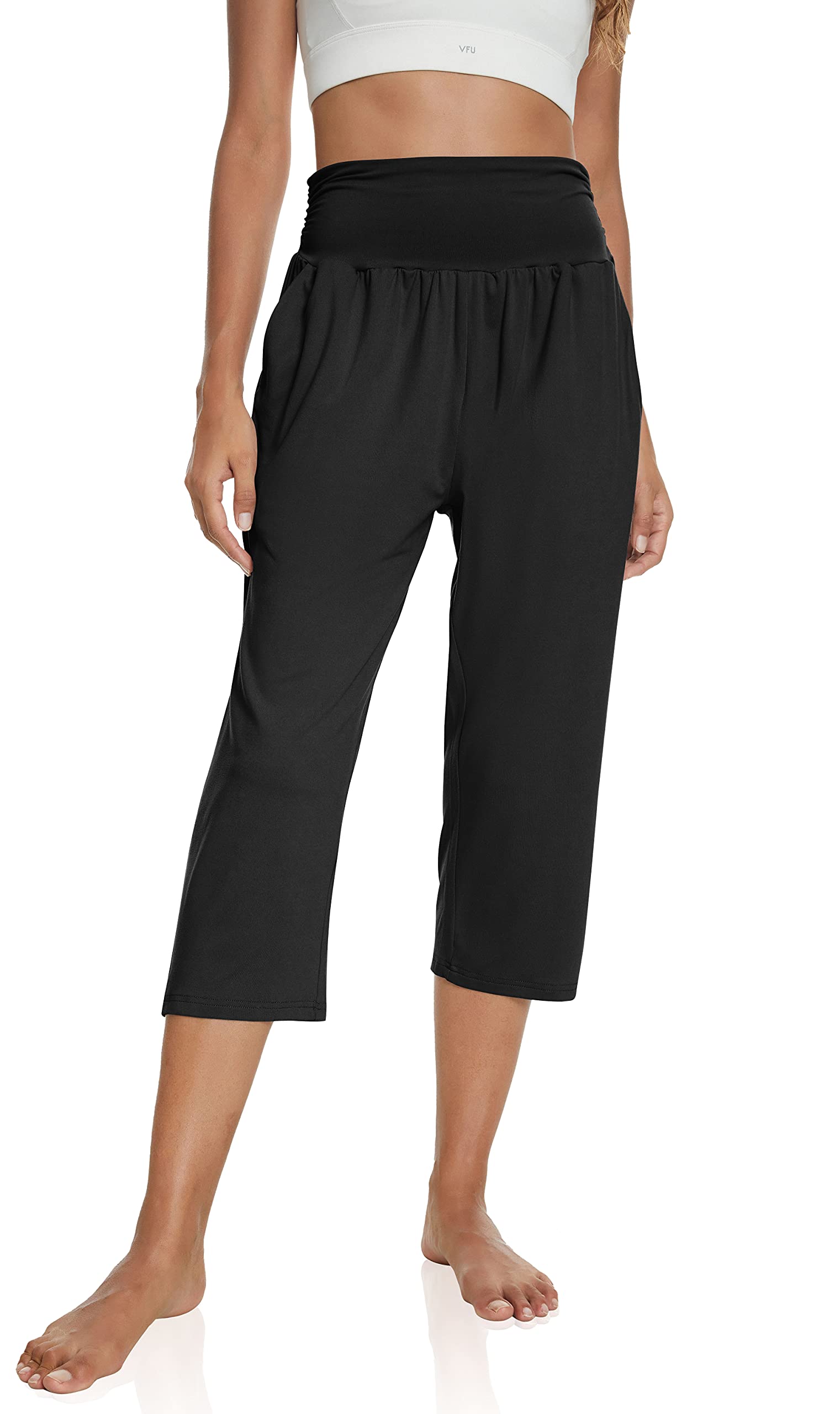UEU Women's High Waist Capri Pants Casual Loose Fitting Yoga Pants Comfy  Lounge Workout Capris Sweatpants with Pockets Capris, Black Large