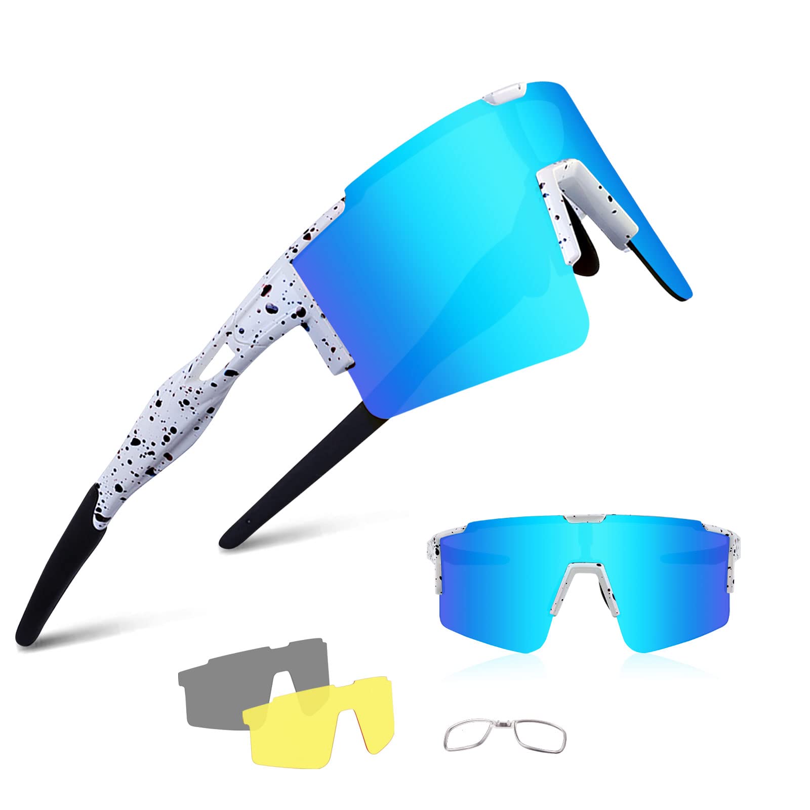 BangLong Cycling Sunglasses Polarized Sports Glasses for Men Women with 3  Interchangeable Lenses for Running Baseball Glasses White Blue
