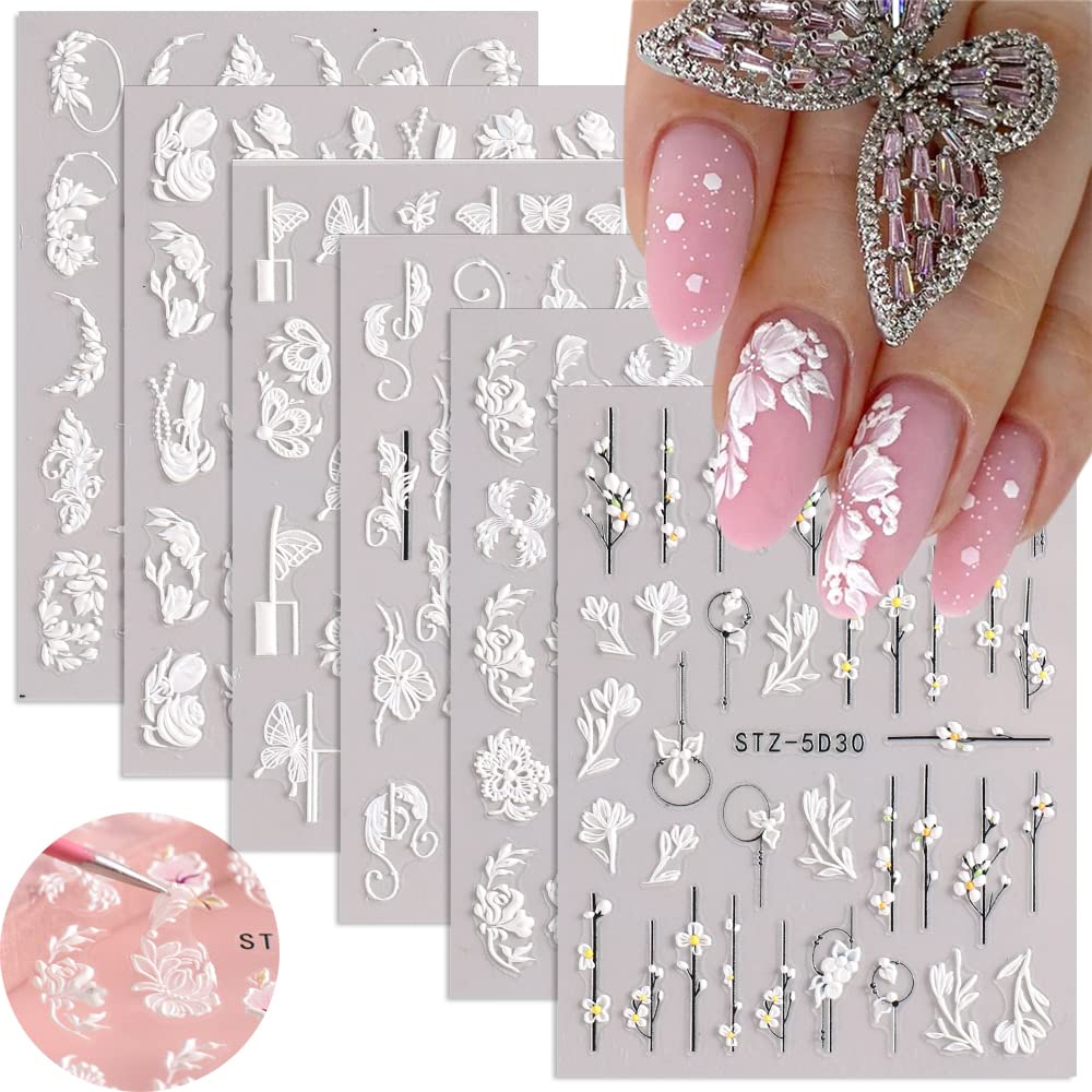 Flower Nail Art Stickers Decals 4 Sheets White Cherry Blossoms Nail Art  Supplies 3D Self-Adhesive Nail Decorations Accessories DIY Acrylic Nail Art