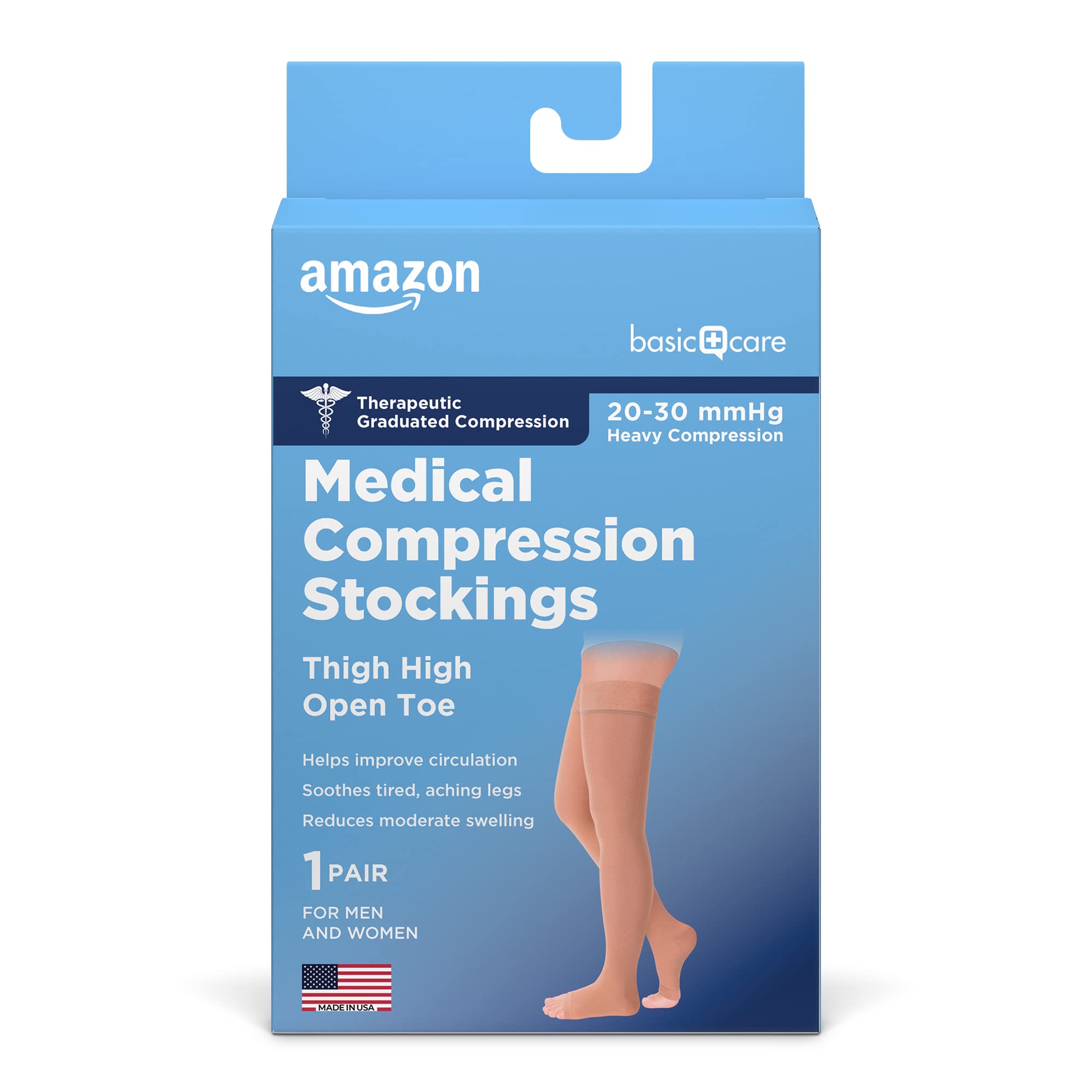 Basic Care Medical Compression Stockings, 20-30 mmHg Support, Women  & Men Thigh Length Hose, Open Toe, Beige, Medium (Previously NuVein)