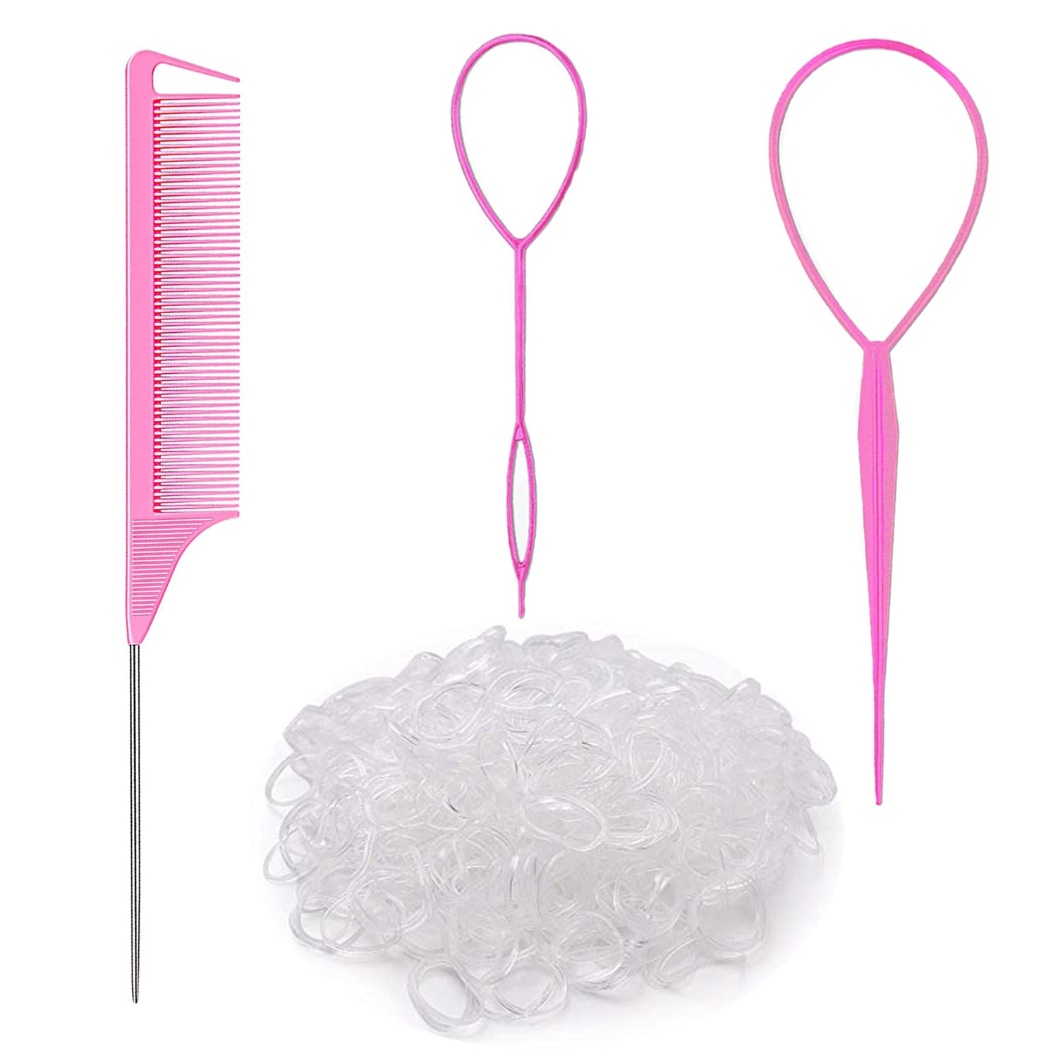 Topsy Tail Hair Tools, 4 Pcs Topsy Tail Hair Loop Styling Tool, Hair Flip  Tool with 10pcs Hair Ties, Pink 