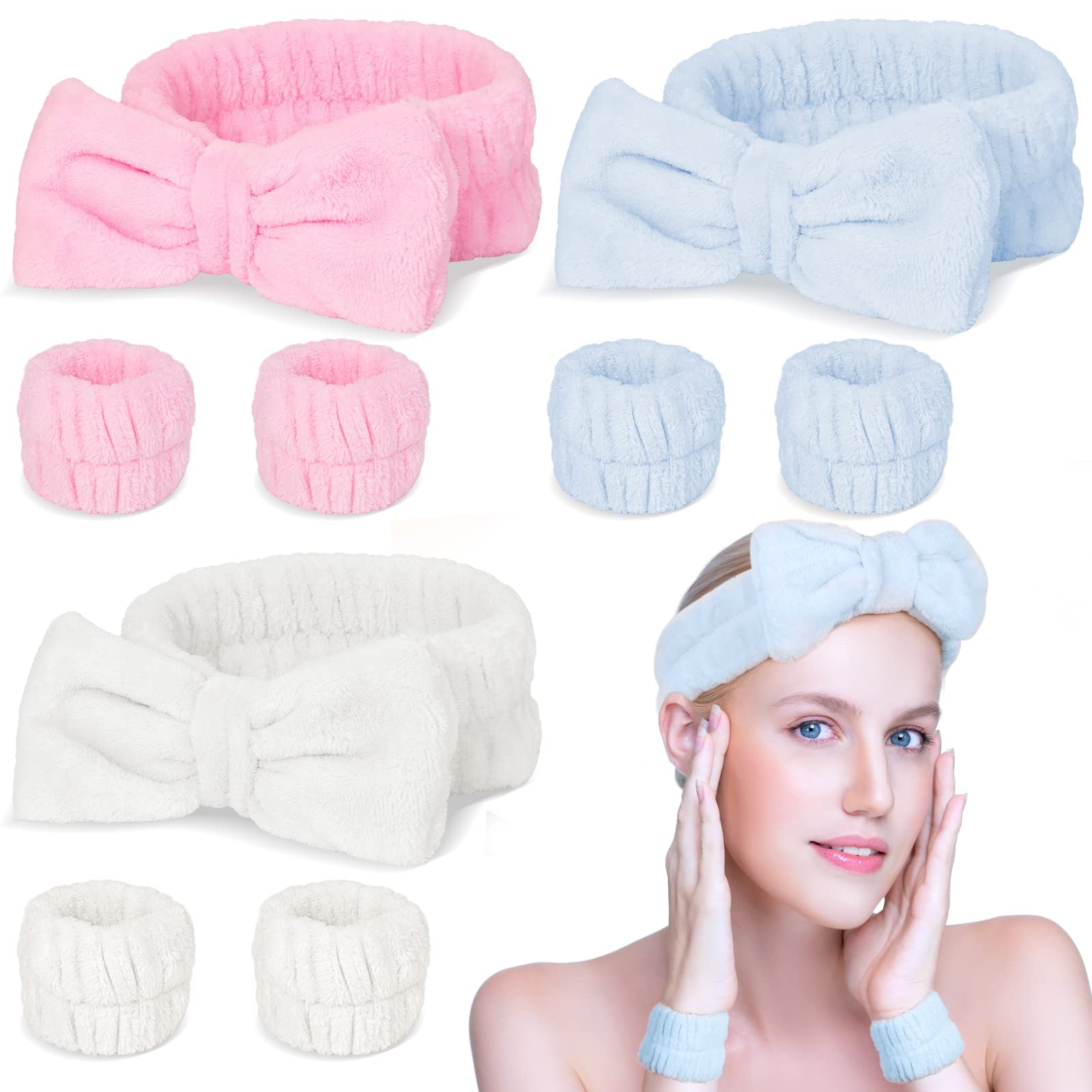 9PCS Coral Headband for Washing Face with Wristband Kit Bowknot Makeup  Headband for Women Girls Super Soft Spa Headband with Wristband for Face  Washing Skincare Bathing Yoga (Pink Blue White)