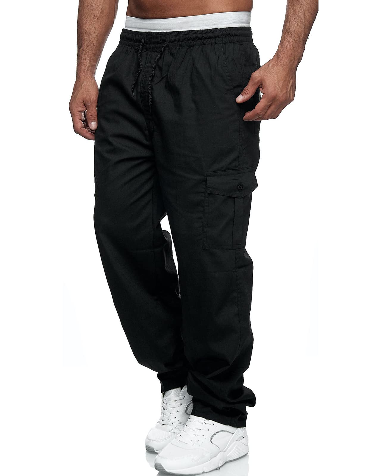 Relaxed Fit Cotton Cargo Joggers - Black - Men