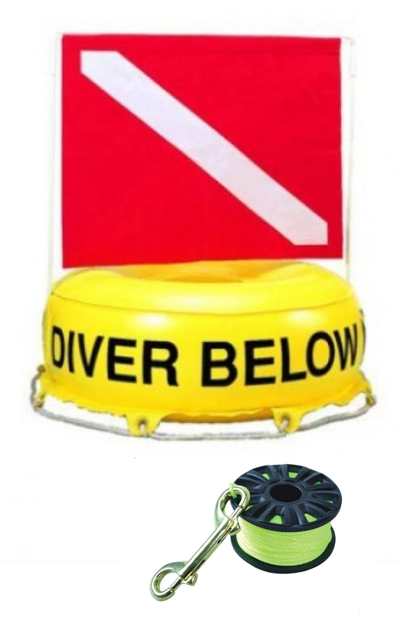 DiveSafe Scuba Round Buoy Float with Collapsible Flag Stiffener, Split Ring  and 100ft High Visibility Neon Yellow Finger Reel (ABS) for Surface  Signaling