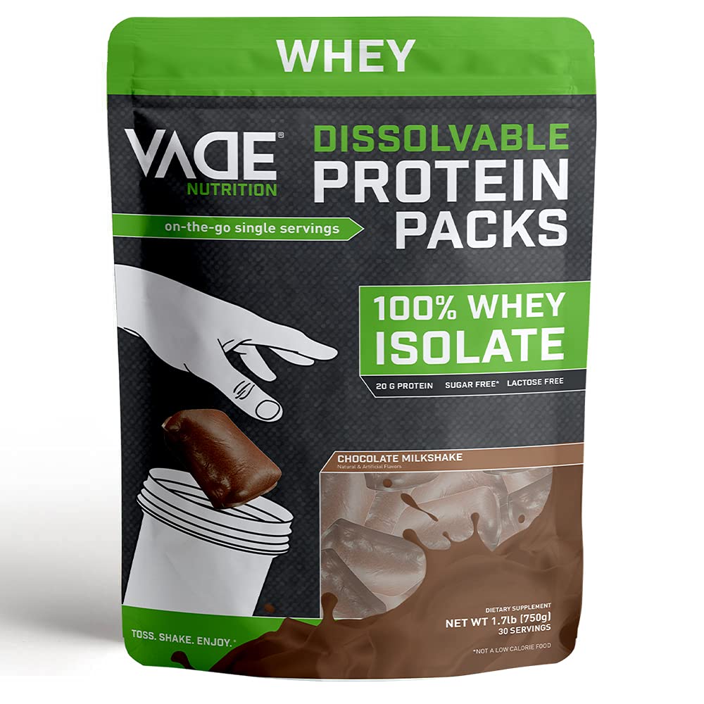 Vade Nutrition Dissolvable Protein Packs  Chocolate Milkshake Whey Isolate  Protein Powder, On-The-Go, Low Carb, Low Calorie, Lactose Free, Gluten  Free, Fat Free, Sugar Free, Lean, 30 Servings 1.7 Pound (Pack of