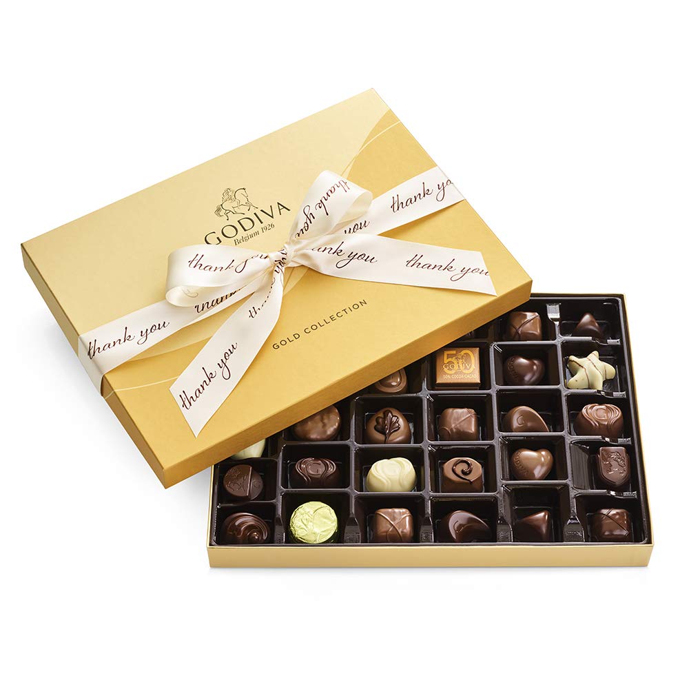 Godiva Chocolatier Assorted Chocolate Gold Gift Box, Thank You Ribbon, 36 pc .