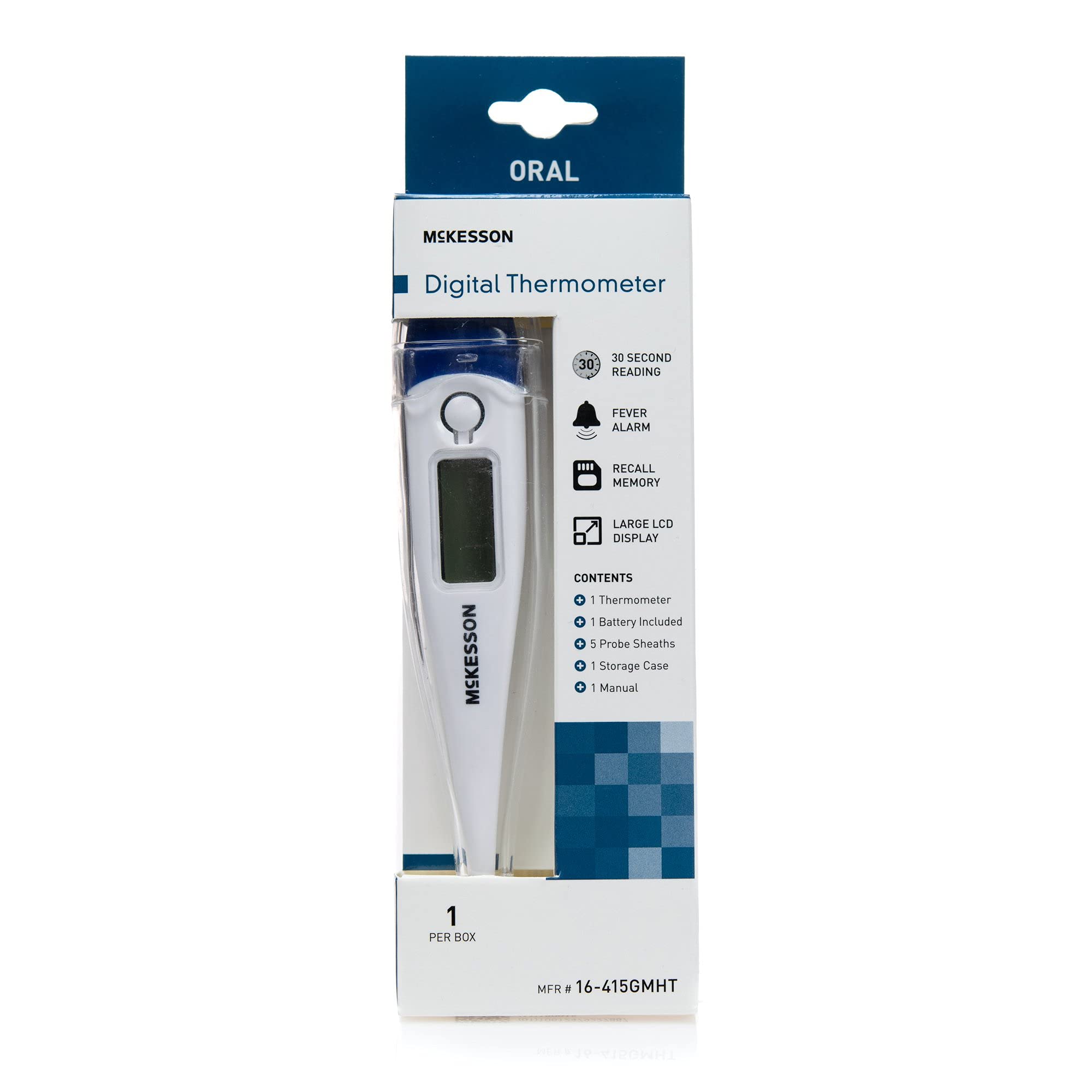 McKesson Digital Oral Thermometer with LCD Display - 30-Second Reading,  Fever Alarm, Recall Memory - Includes Probe Sheaths, Storage Case, Manual