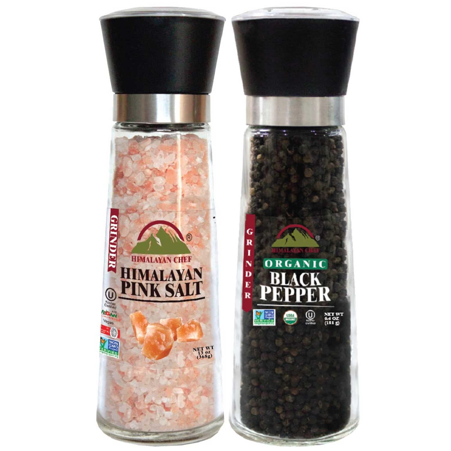 Himalayan Chef Salt & Pepper Grinders, Small Refillable Glass Jar With  Metal Stand
