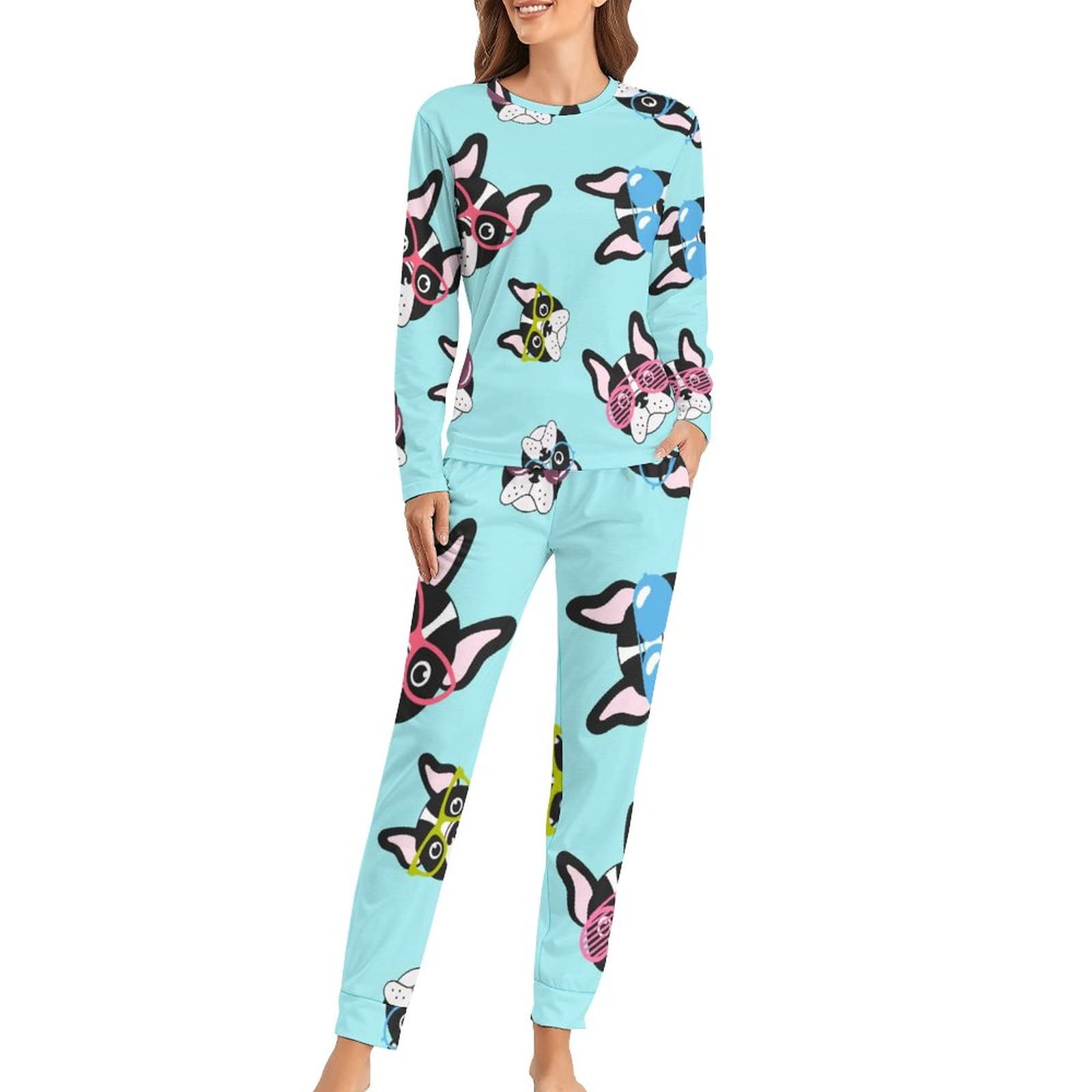 French Bulldogs with Glasses Women's Pajama Sets Two Piece Long