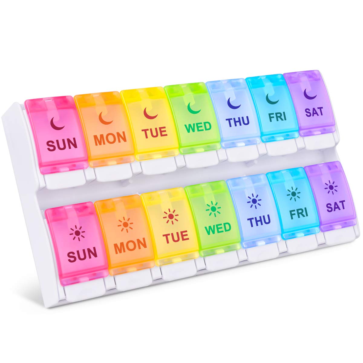 Ezy Dose Weekly (7-Day) AM/PM Pill Organizer, Large Push Button  Compartments, 2 Times a Day, Rainbow plastic