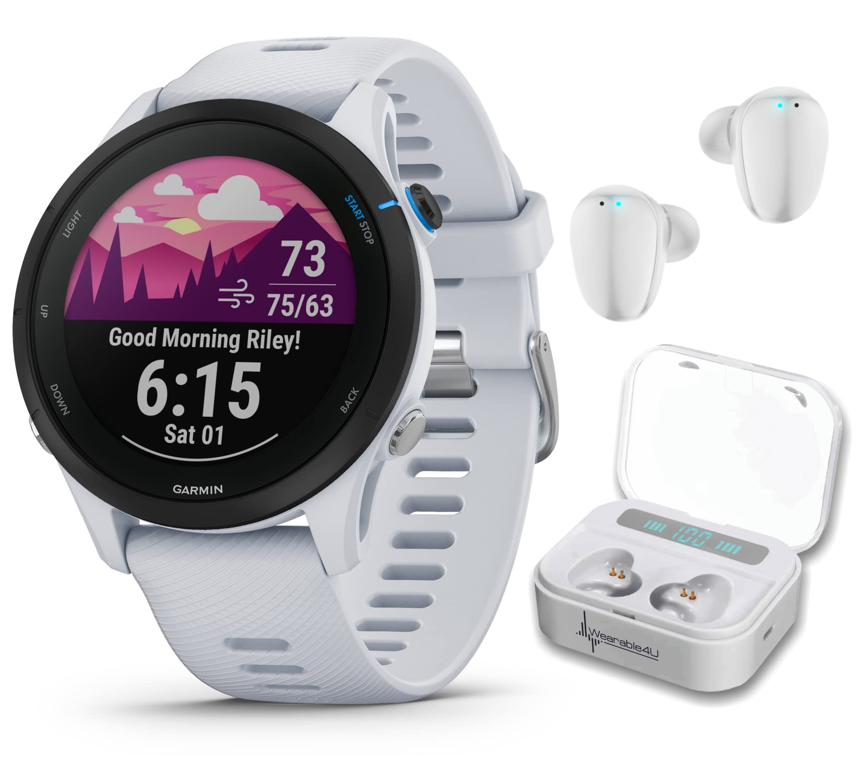 Wearable4U Garmin Forerunner 255 Music GPS Running 46 mm Smartwatch  Advanced Insights Long-Lasting Battery Whitestone White Earbuds Bundle Forerunner  255 46 mm White +Wht EarBuds