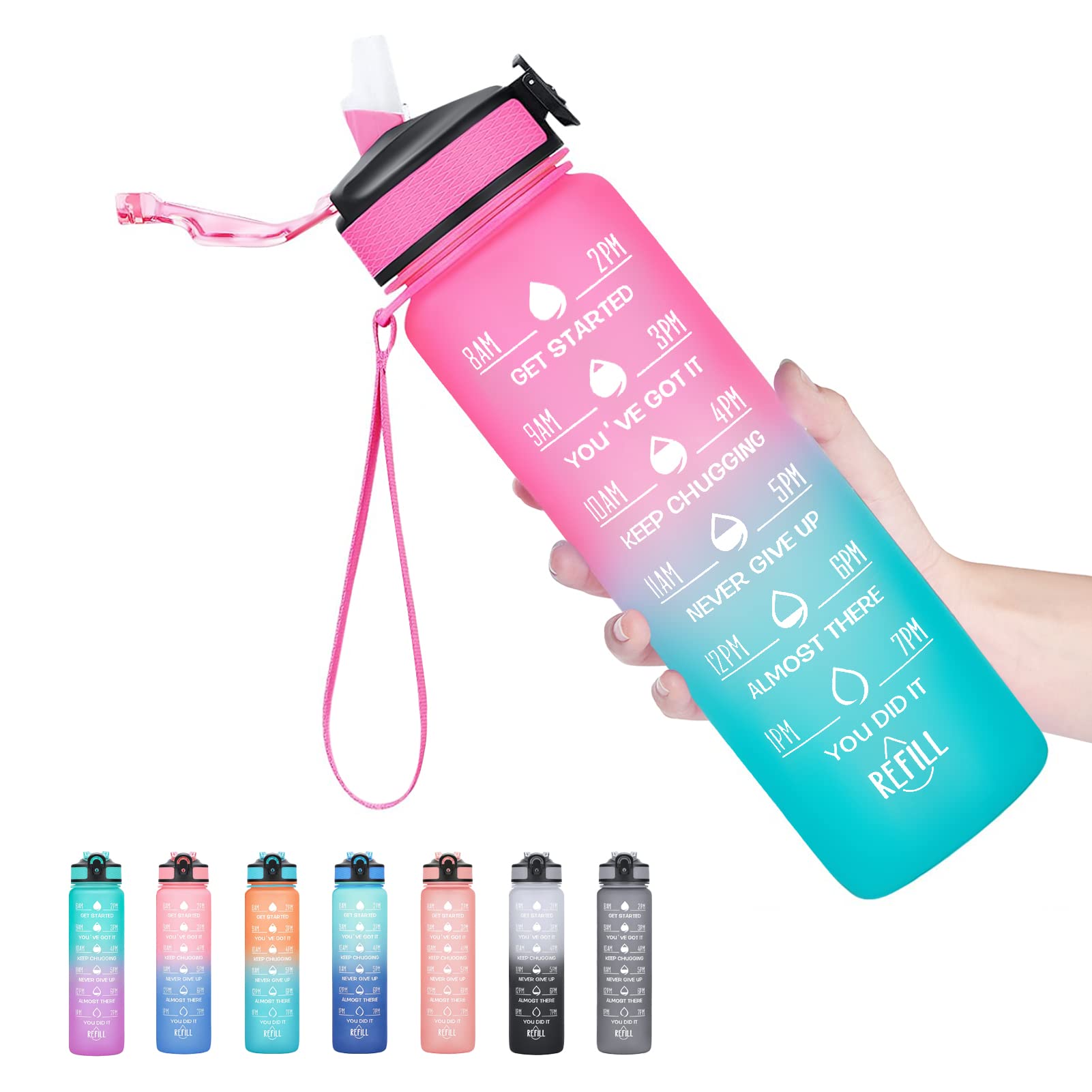 32oz Leakproof BPA Free Drinking Water Bottle with Time Marker & Straw to Ensure You Drink Enough Water Throughout The Day for Fitness and Outdoor
