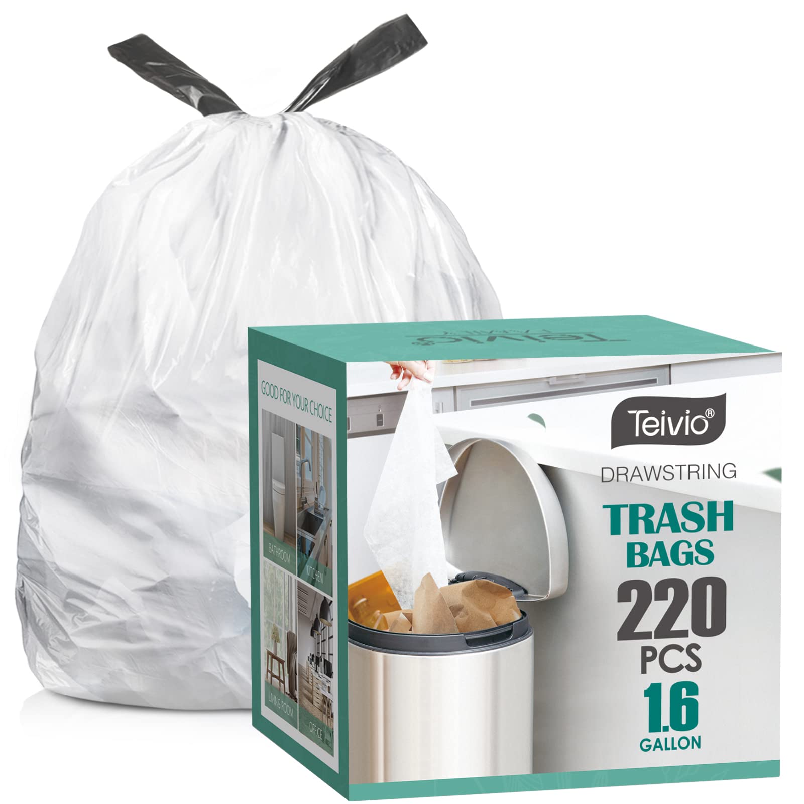 Feisco 1.6 Gallon Black Trash Bag,6L Drawstring Garbage Bag Trash Can  Liner,120 Counts,0.51 Mil