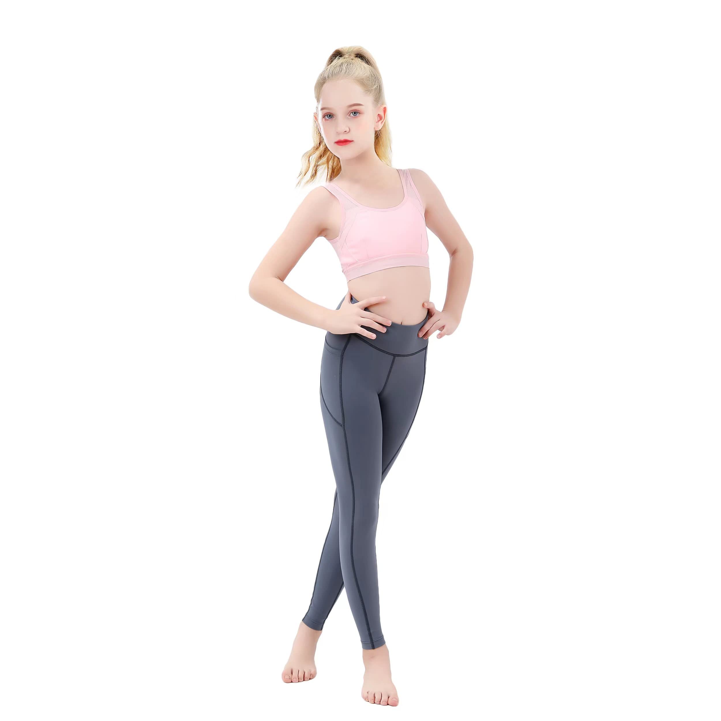 JIM LEAGUE Girls Athletic Dance Leggings - Kids Yoga Compression Pants Teen  Running Workout Sport Tights Leggins with Pockets Grey Medium