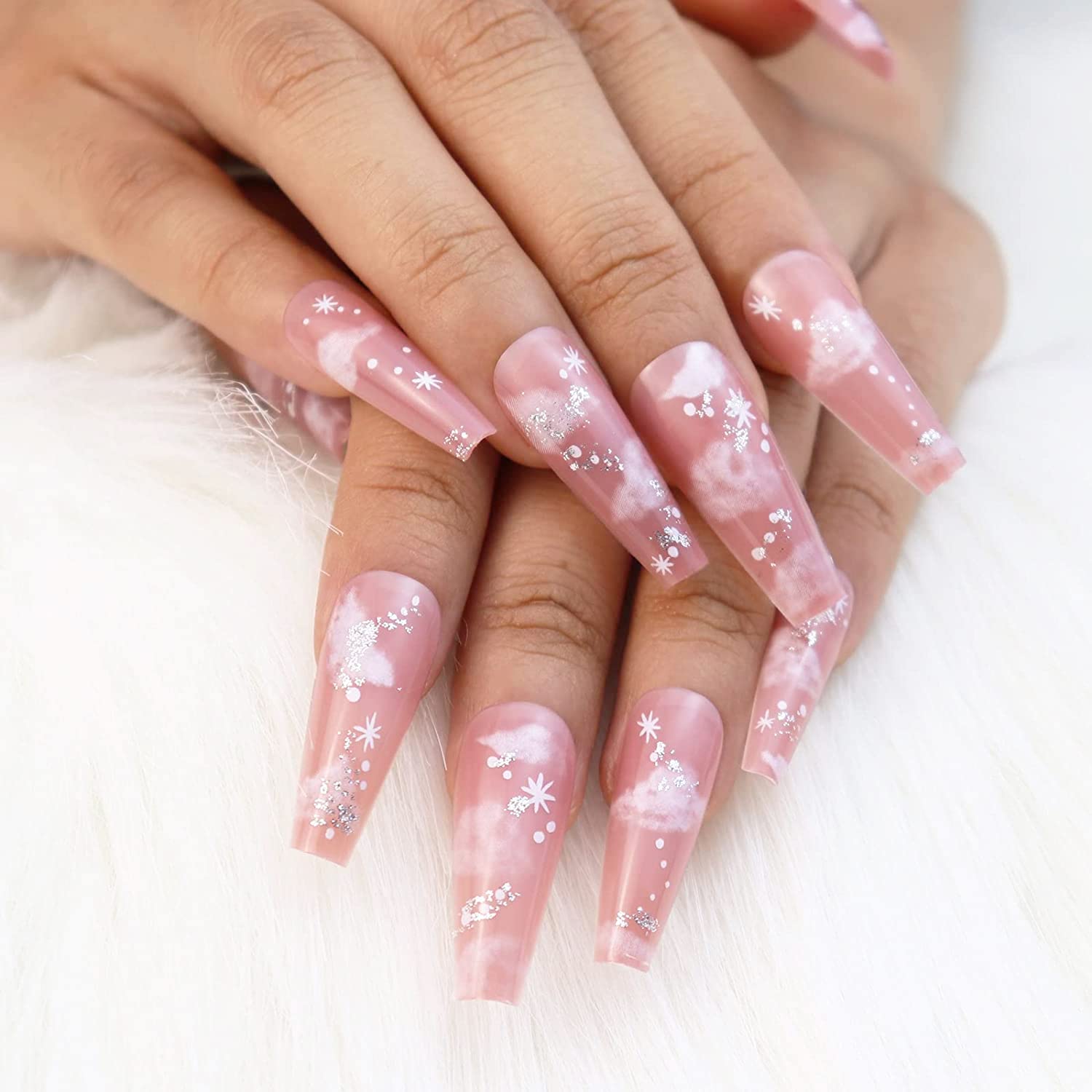 BABALAL Medium Press on Nails Gradient Pink Acrylic Fake Nails Cute Stick on Nails Ballerina False Tips Manicure with Design for Women and Girls