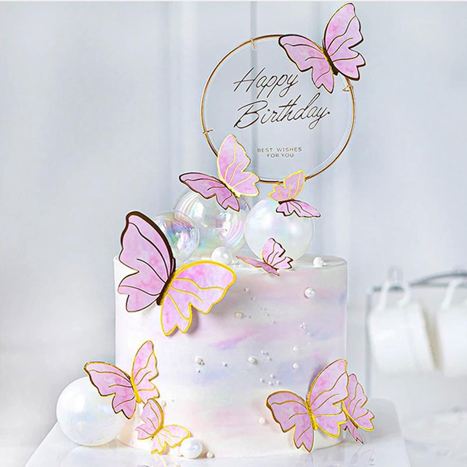 22PCS Pink Butterfly Cupcake Toppers and 1pcs Gold Metal Acrylic ...