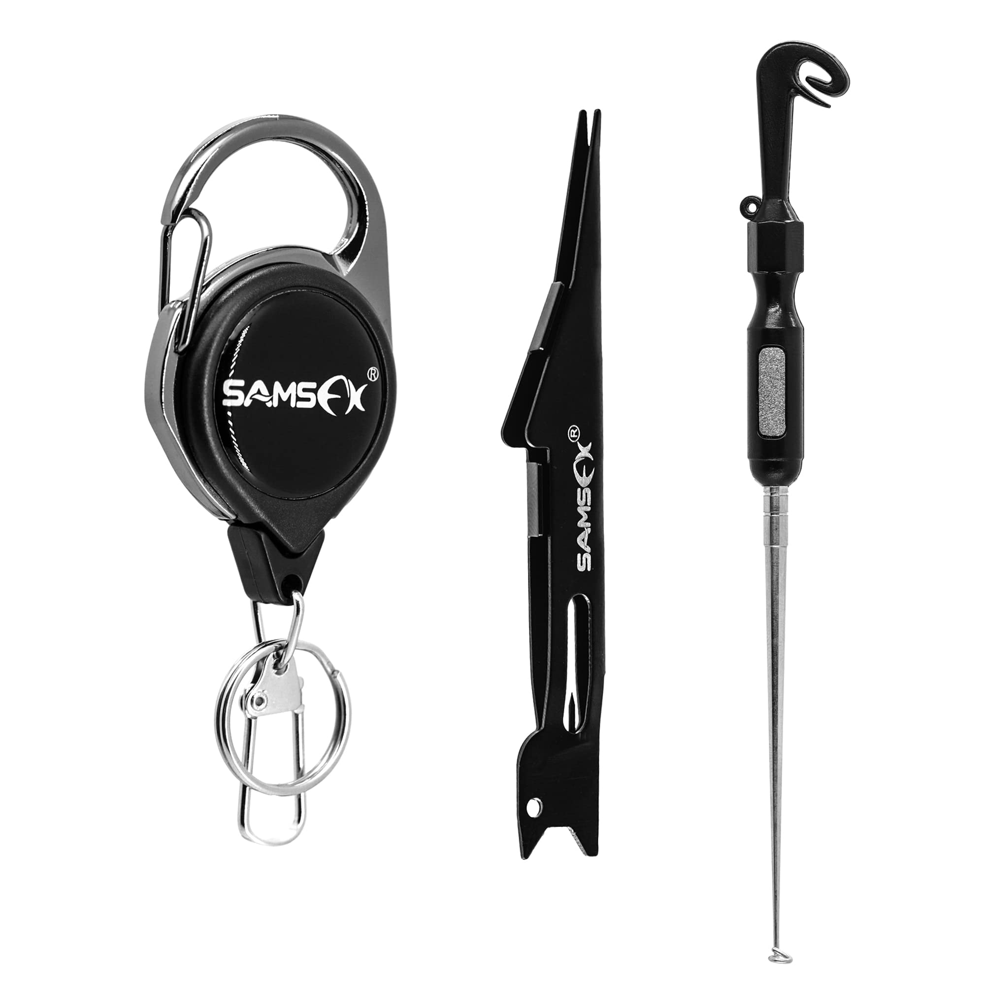 SAMSFX Fly Fishing Knot Tying Tool for Hooks, Lures and Lines, Quick Loop  Tyer, Zinger Retractors Combo 4 Black Knot Tool with Retractor & Hook  Remover