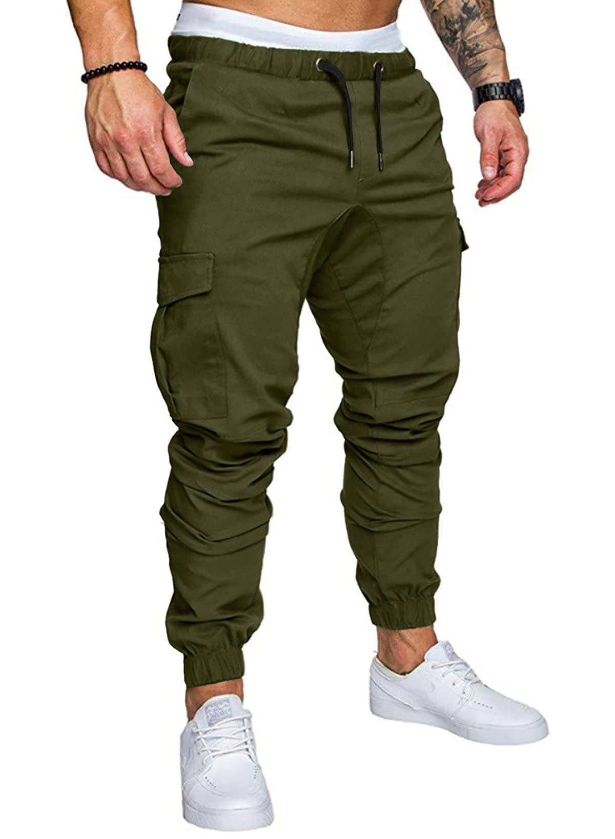 JMIERR Mens Fashion Cargo Pants - Casual Cotton Tapered Stretch Twill  Drawstring Athletic Joggers Sweatpants with 6 Pockets Medium A Green 1