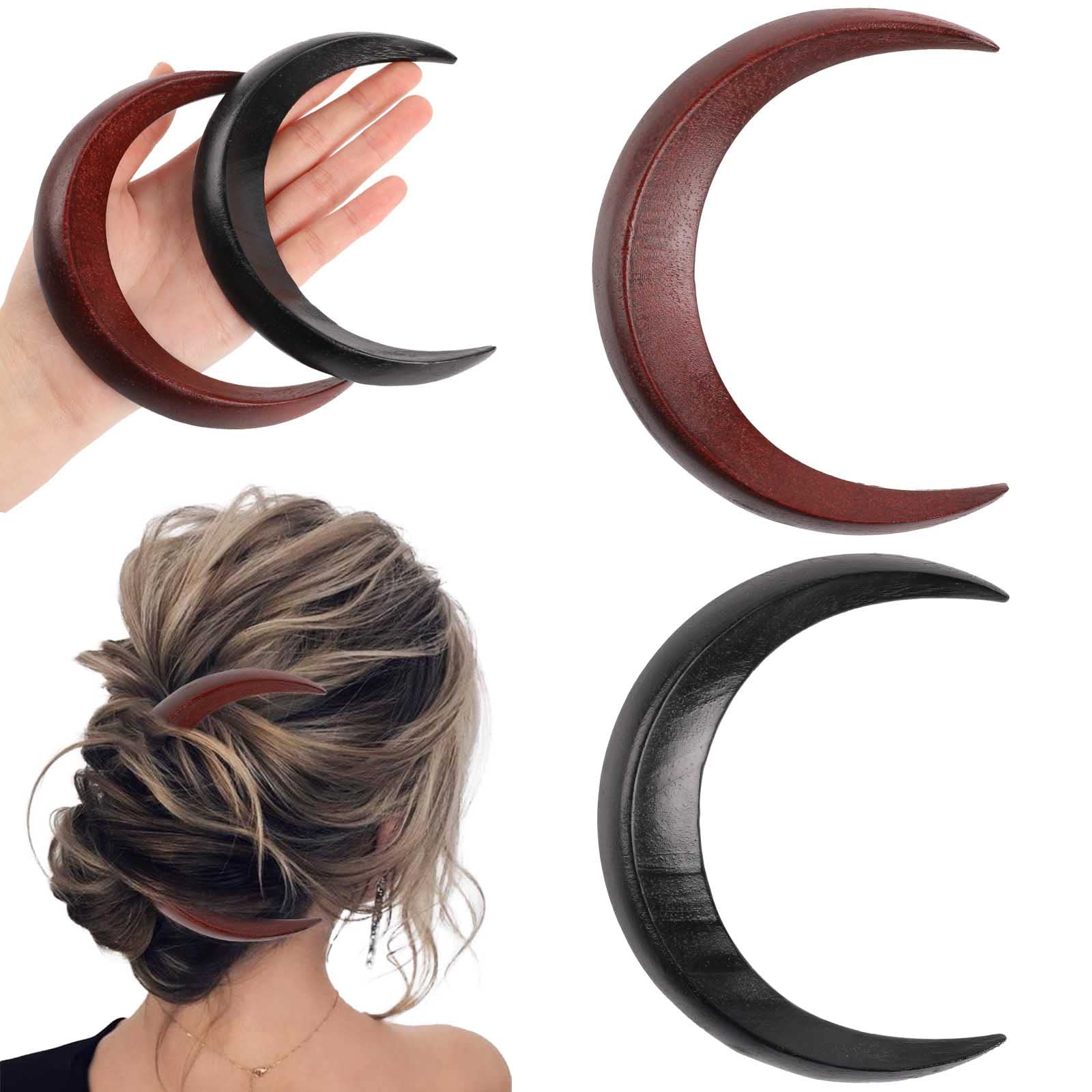 2 Pcs Hand Carved Crescent Moon Hair Fork for Women Wooden Moon