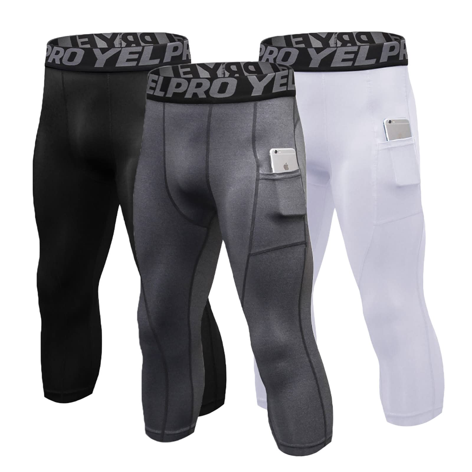 Mens 3/4 Mens Running Compression Pants With Phone Pocket Gym