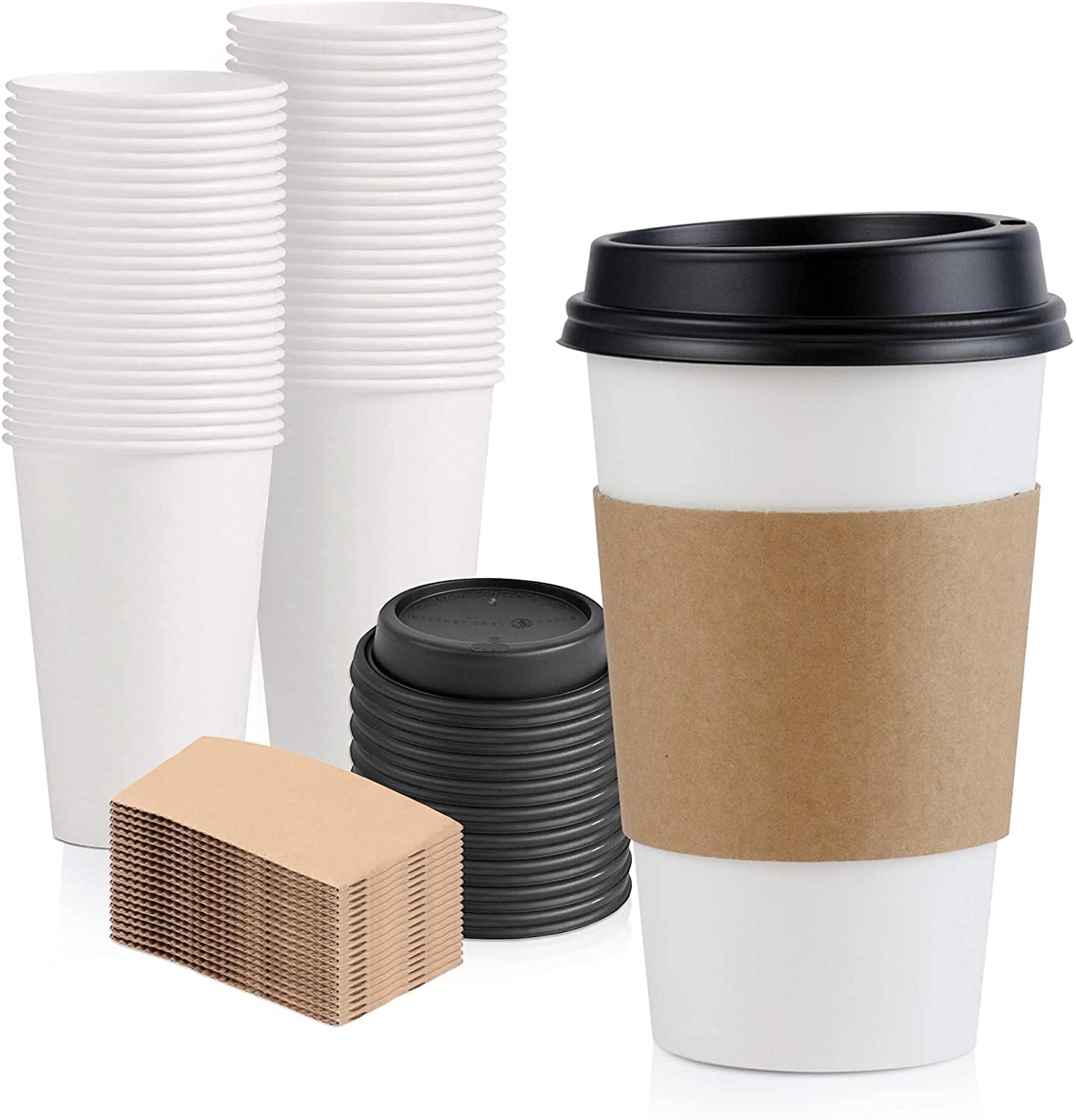 50 Pack 16 oz Hot Beverage Disposable White Paper Coffee Cup with Black  Dome Lid and Kraft Sleeve Combo, Medium Grande 16.0 ounces 50