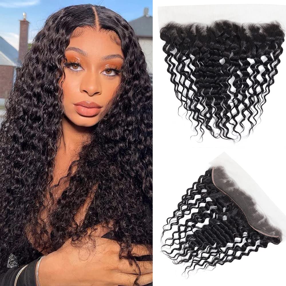 deep Wave Frontal Closure 13x4 Transparent Lace Frontal Closure 150%  Density Brazilian Human Hair 13x4 Ear to Ear Full Lace Frontal Closure  Pre-Plucked with Baby Hair Natural Black Color(16inch) 16 Inch 13x4