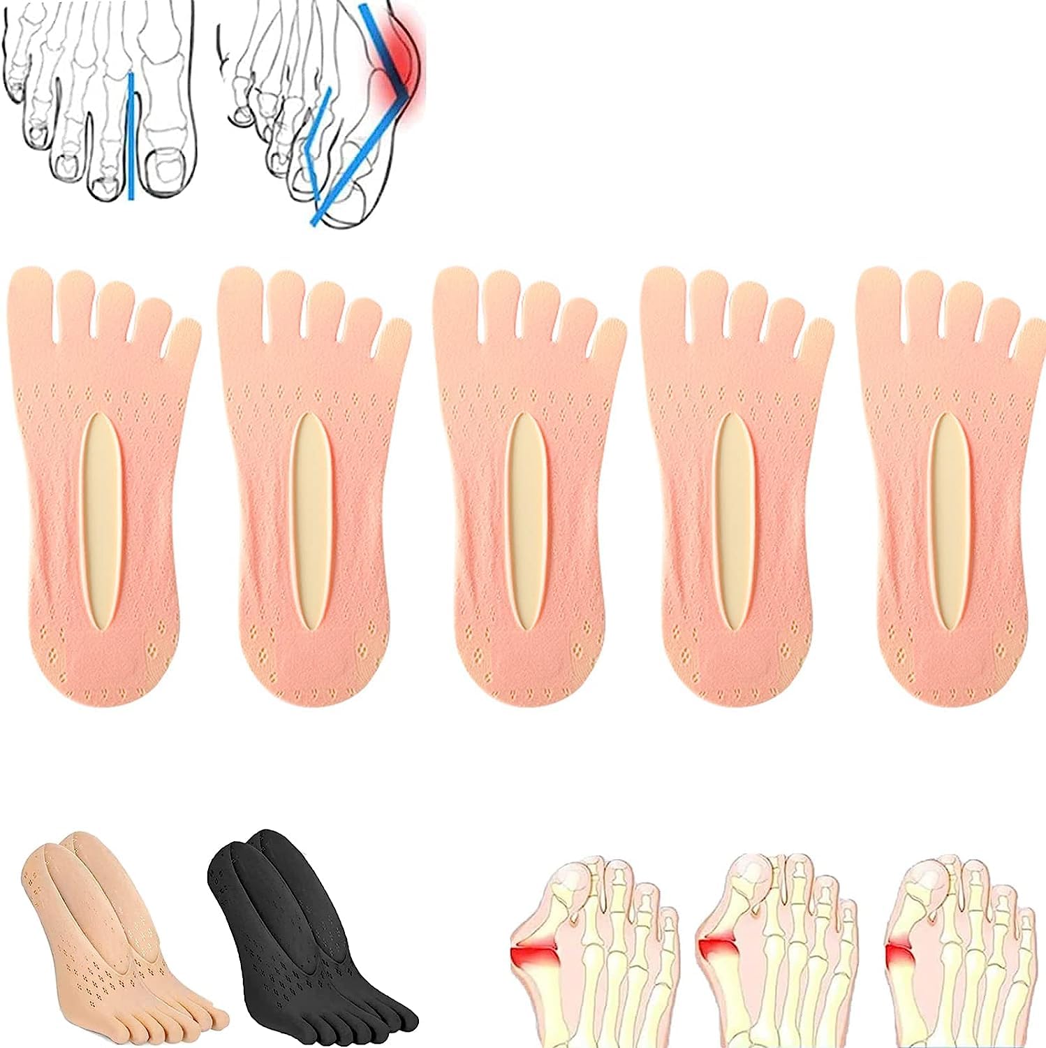 10 Pairs Sock Align Toe Socks for Bunion, Orthopedic Compression Toe Sock  Women, No Show Low Cut Five Finger Socks (One Size for Women,Black)
