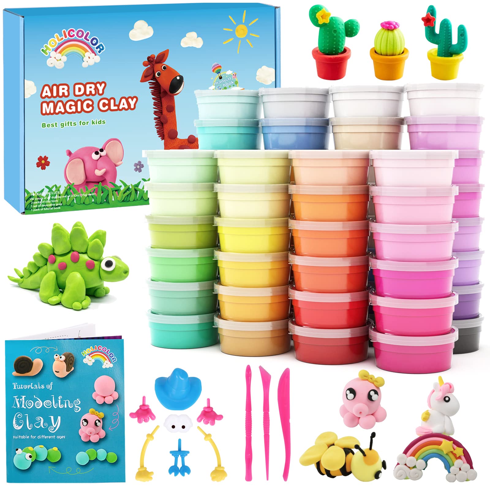 HOLICOLOR 56 Colors Air Dry Clay Modeling Clay Kit Soft and Stretchy Magic  Clay in Cups with Sculpting Tools Accessories Best Gift Art Crafts  Halloween Christmas