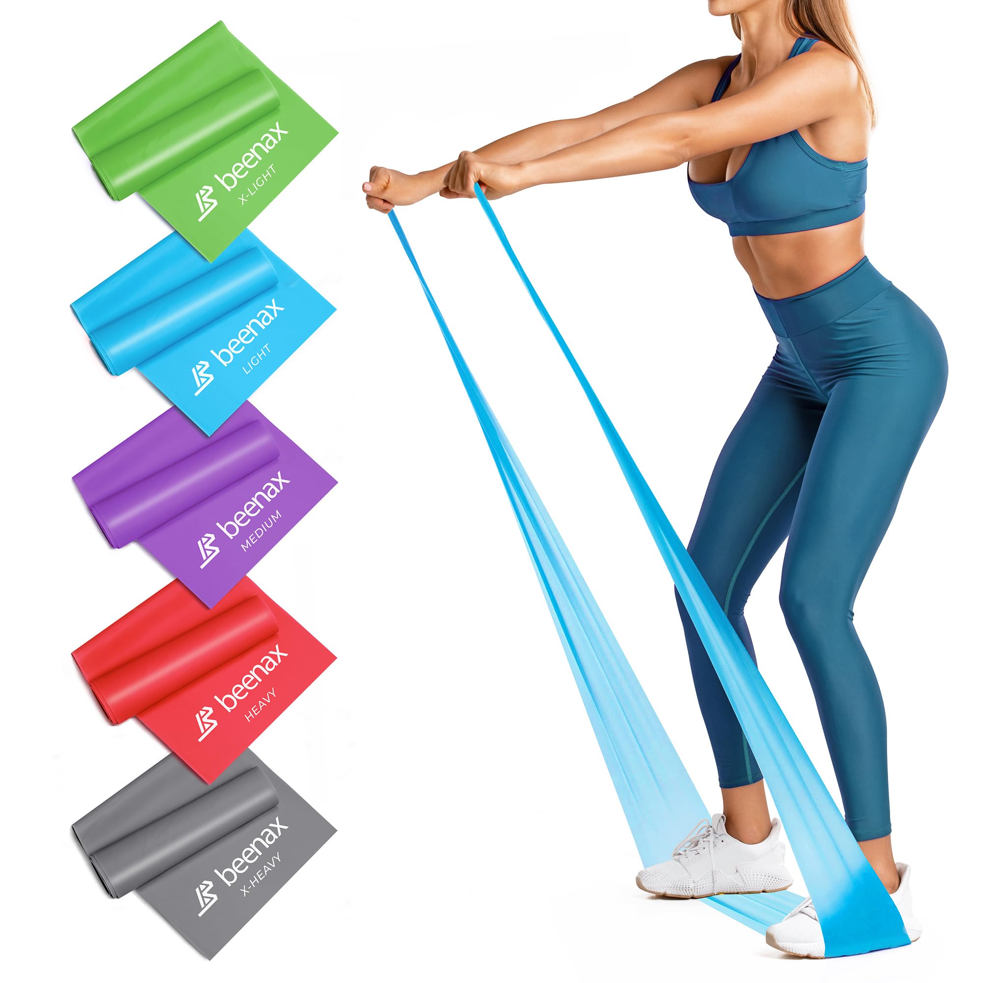 Beenax Resistance Bands - Exercise Bands to Build Muscle Flexibility  Strength for Pilates Yoga Rehab Stretching Fitness Gym Physio Strength  Training and Workout - Men & Women 7. Set of 5