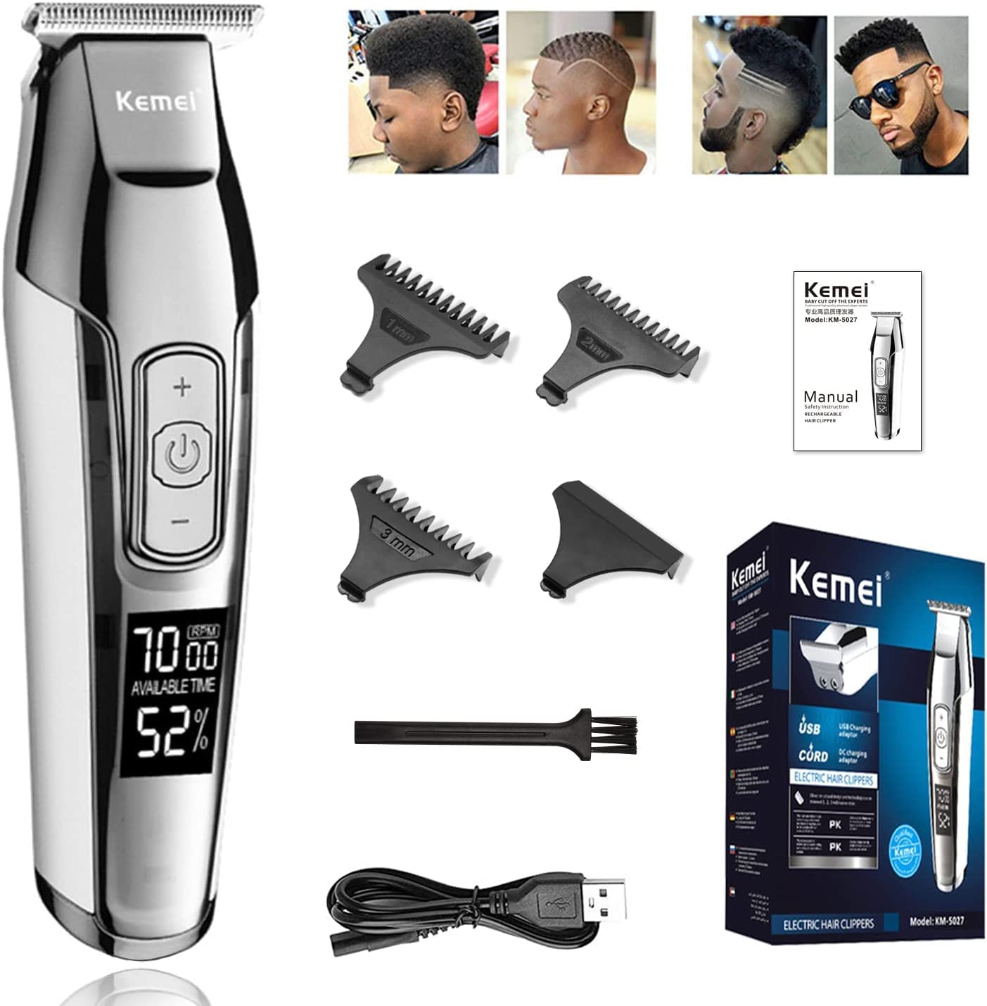 KEMEI Men's LCD Display Baldheaded Hair Clipper Professional Beard Hair  Trimmer Tools Electric Haircut Cutter Machine Rechargeable Edger,Cordless  and USB Rechargeable