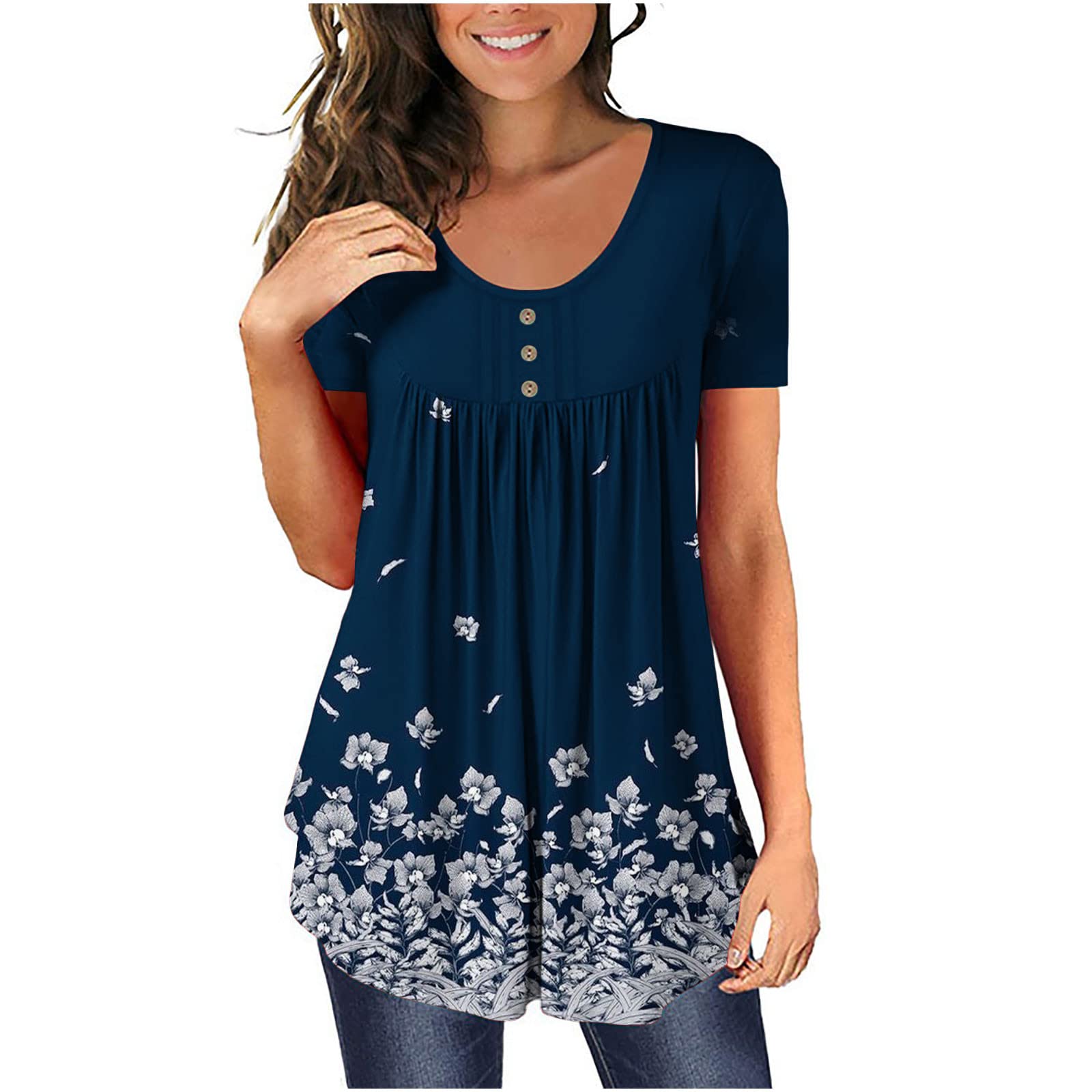 KICILVS Womens Tunic Tops to Wear with Leggings Floral Printed Short Sleeve  Henley V Neck Tshirt Casual Dressy Blouses Womens Plus Size Tops-navy  XX-Large