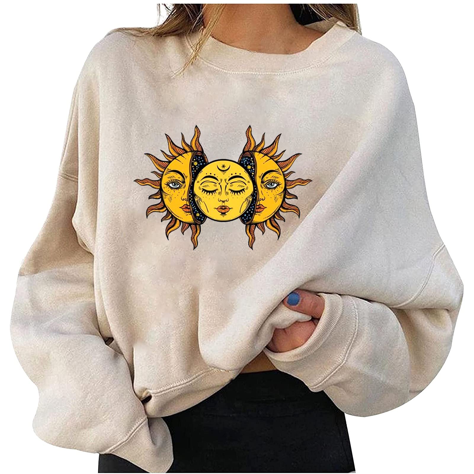 Buy Printed Cropped Boxy Sweatshirt with Crew Neck and Long Sleeves