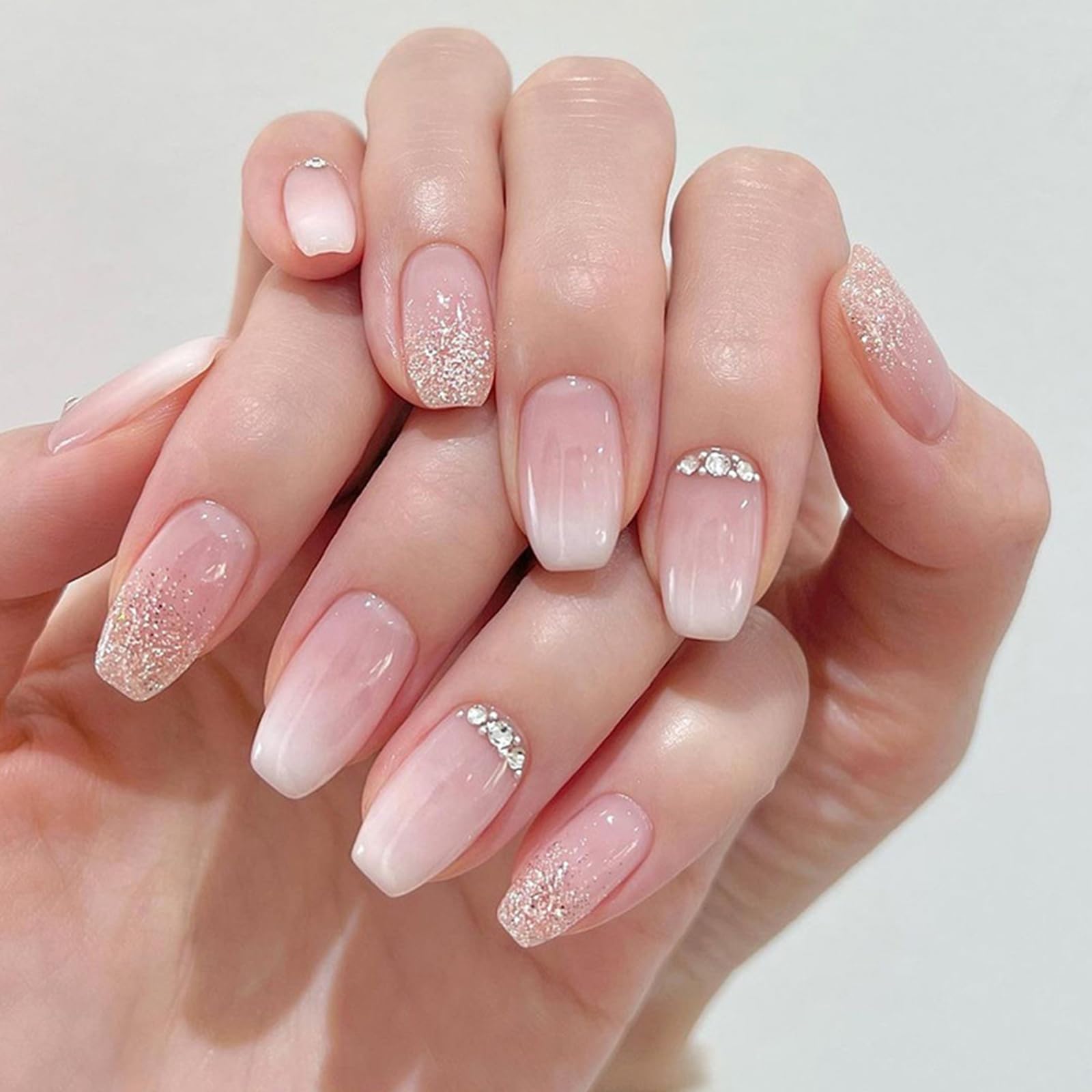 Long Ballerina Fake Nails Nude Pink Glitter Floral Full Artificial Press On  Nail