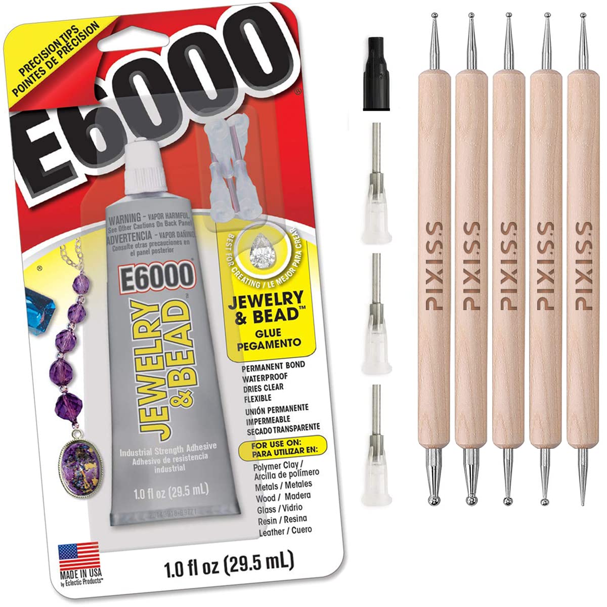  E6000 8-Pack 0.18 Ounce Bottles Industrial Strength Adhesive  for Crafting and Pixiss Wooden Art Dotting Stylus Pens 5 pcs Set -  Rhinestone Applicator Application Kit : Arts, Crafts & Sewing