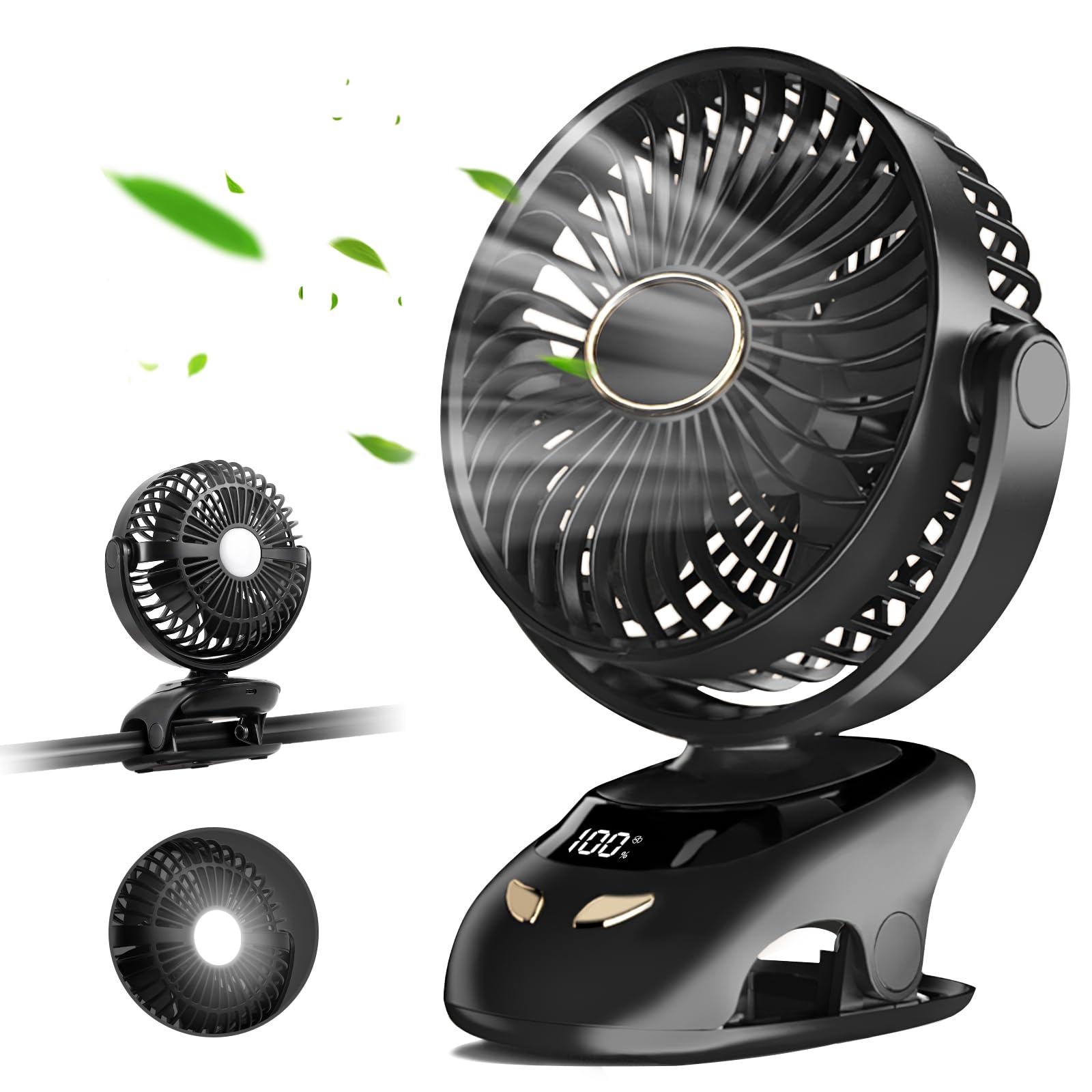 Clip On Fan Portable Mini Fan with Clip LED Light & Digital Display ...