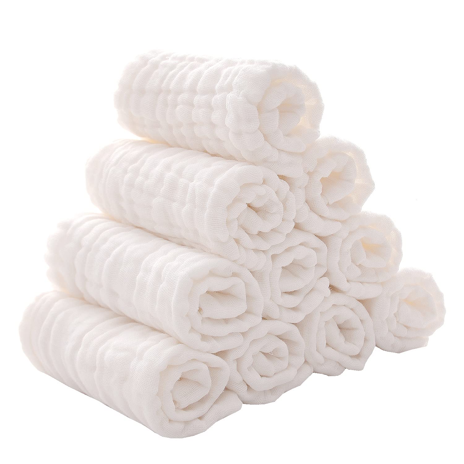 Baby Muslin Washcloths Soft Cotton Face Towels 10 Pack Wash Cloths for Baby Absorbent Baby Wipes 12x12 Inches (White) Baby Registry Shower Gift