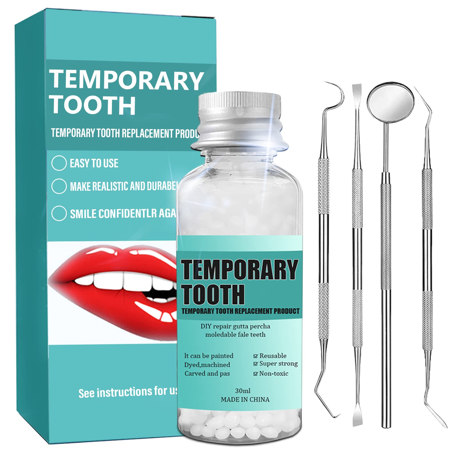 2PCS Tooth Repair Kit - Temporary Teeth Replacement Kit-with-Mouth-Mirror  Tartar-Scraper Dental-Probe Gum,Repair Missing or Broken Teeth