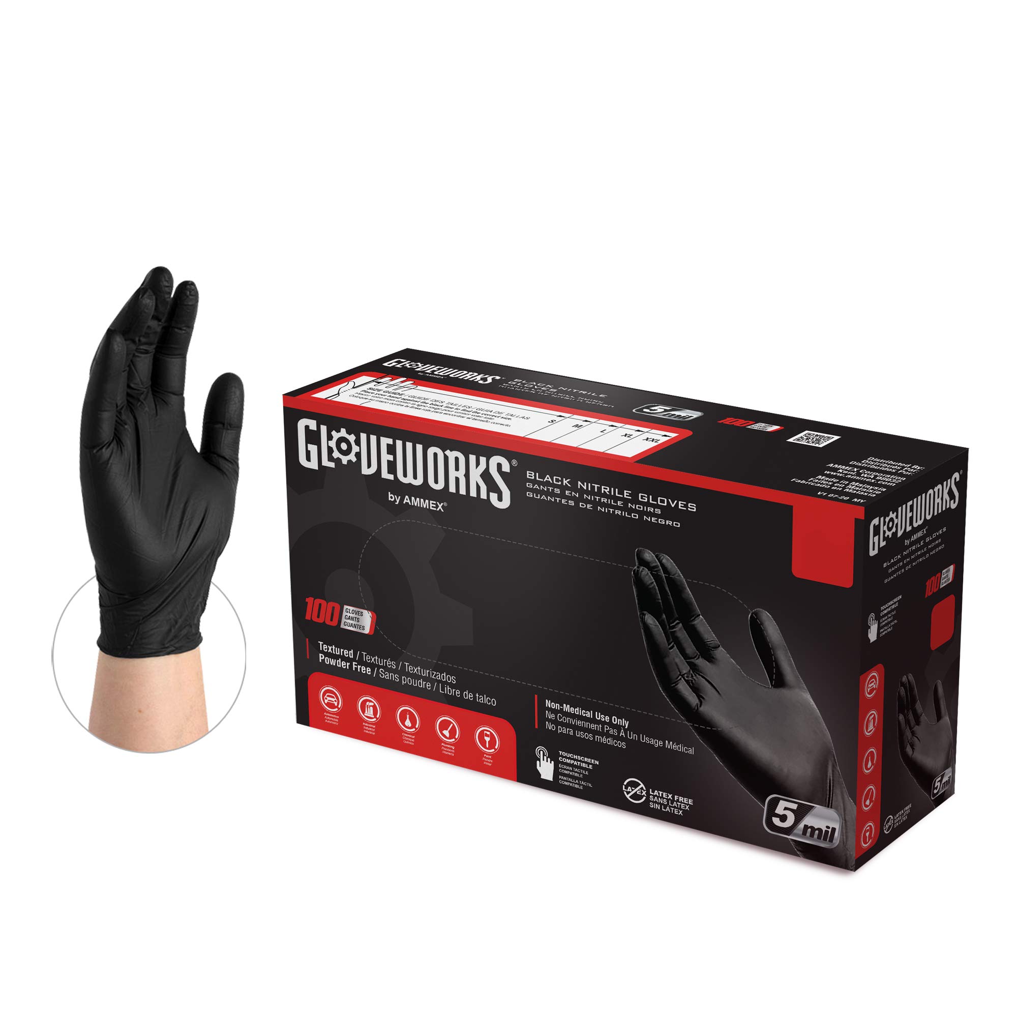 GLOVEWORKS Black Nitrile Industrial Gloves, 5 Mil, Powder Free, Disposable  Large (Pack of 100) Box of 100