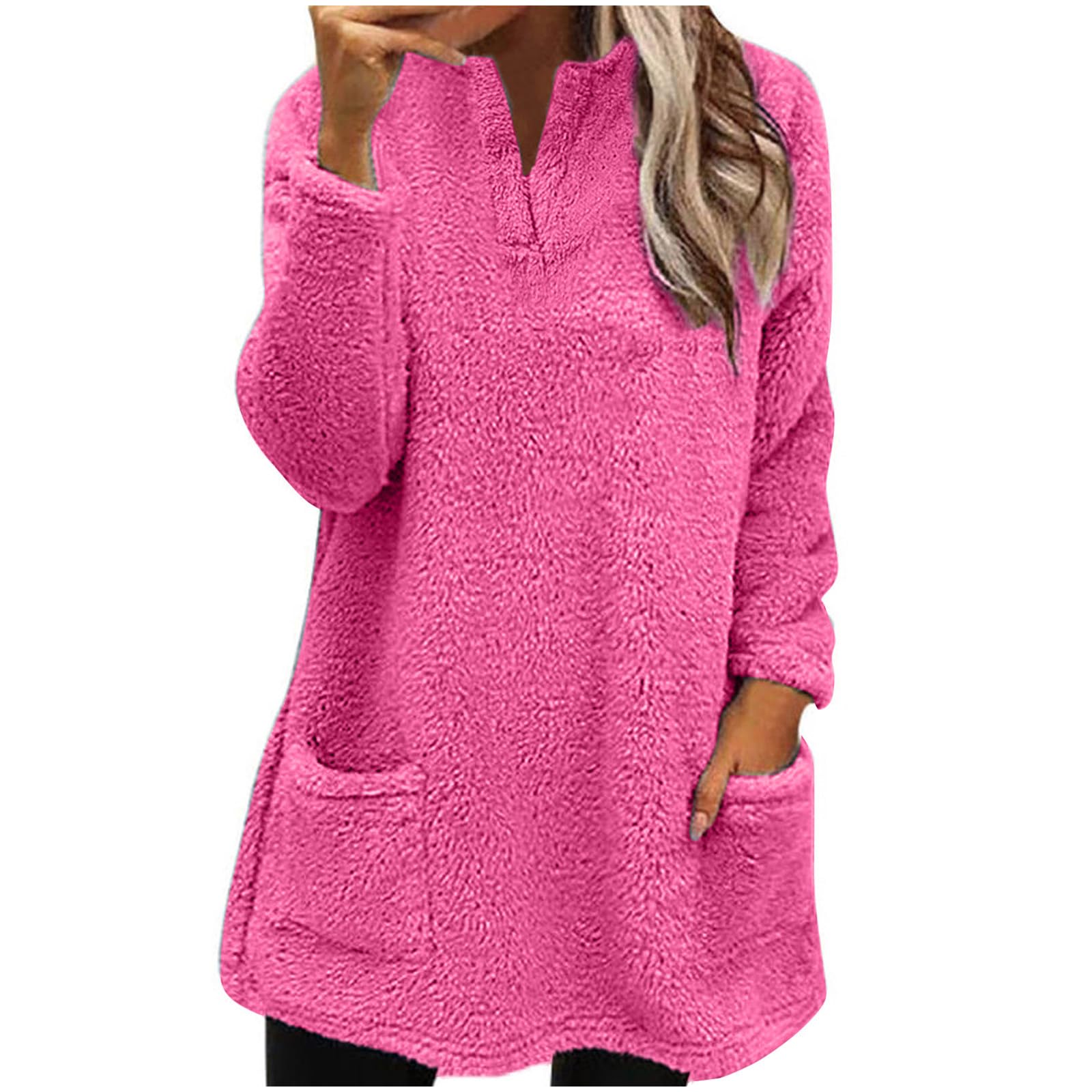 Women's Casual Plain Pullovers Hooded Hot Pink Plus Size