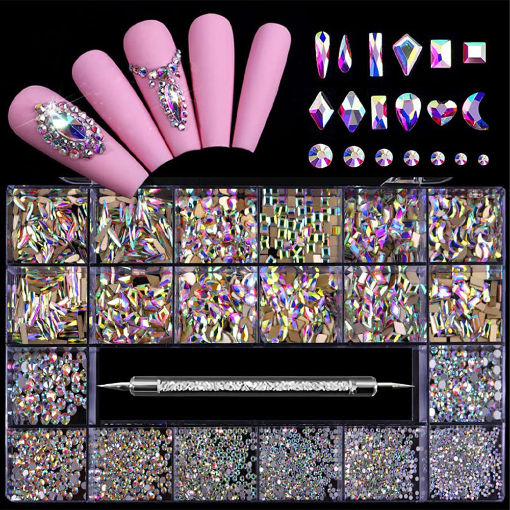 3100Pcs Nail Crystal Rhinestones Kit Mix Shapes AB Glass 3D Diamonds Flatback  Crystals with a Drill