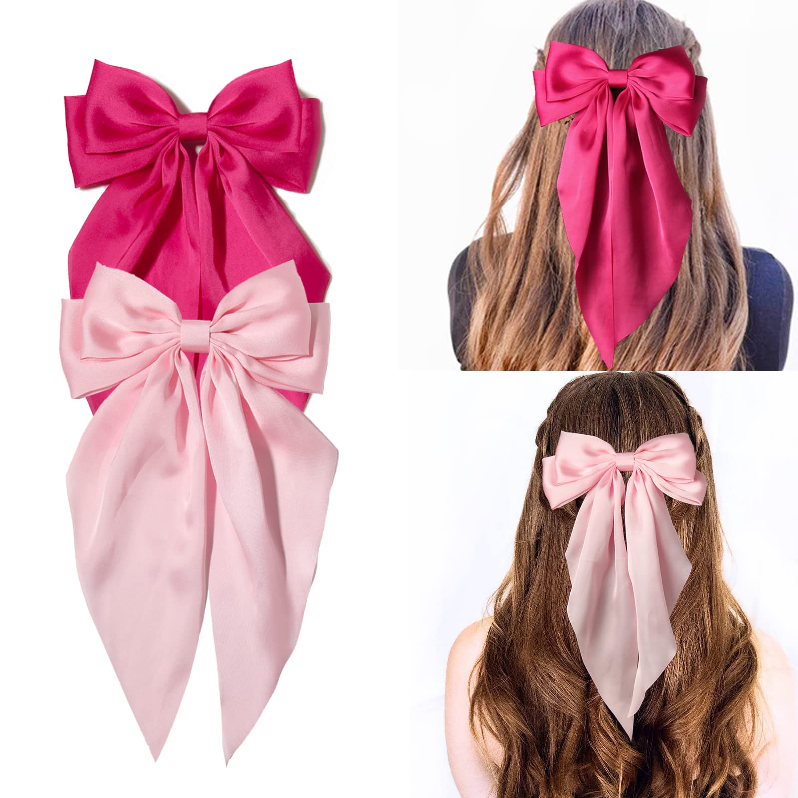 Furling Pompoms Hair Bows Clips for Women Large Pink Bows for Girls White  Hair Ribbon for Hair Satin Long Tails with Alligator Clips Big Hair Bow  Hair