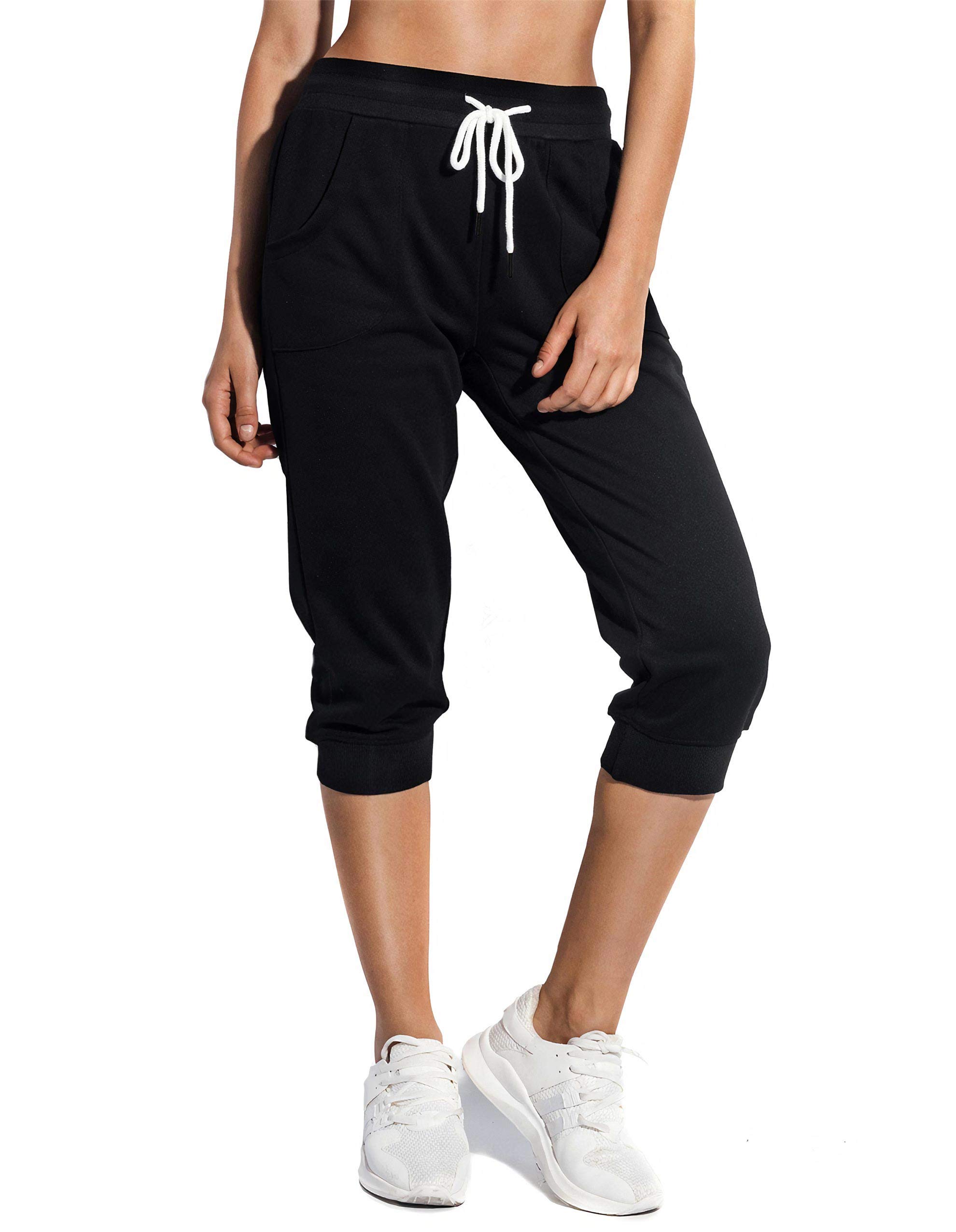 Women's Relax Fit Cropped Jogger Lounge Sweatpants Running Pants (Black,  Large)