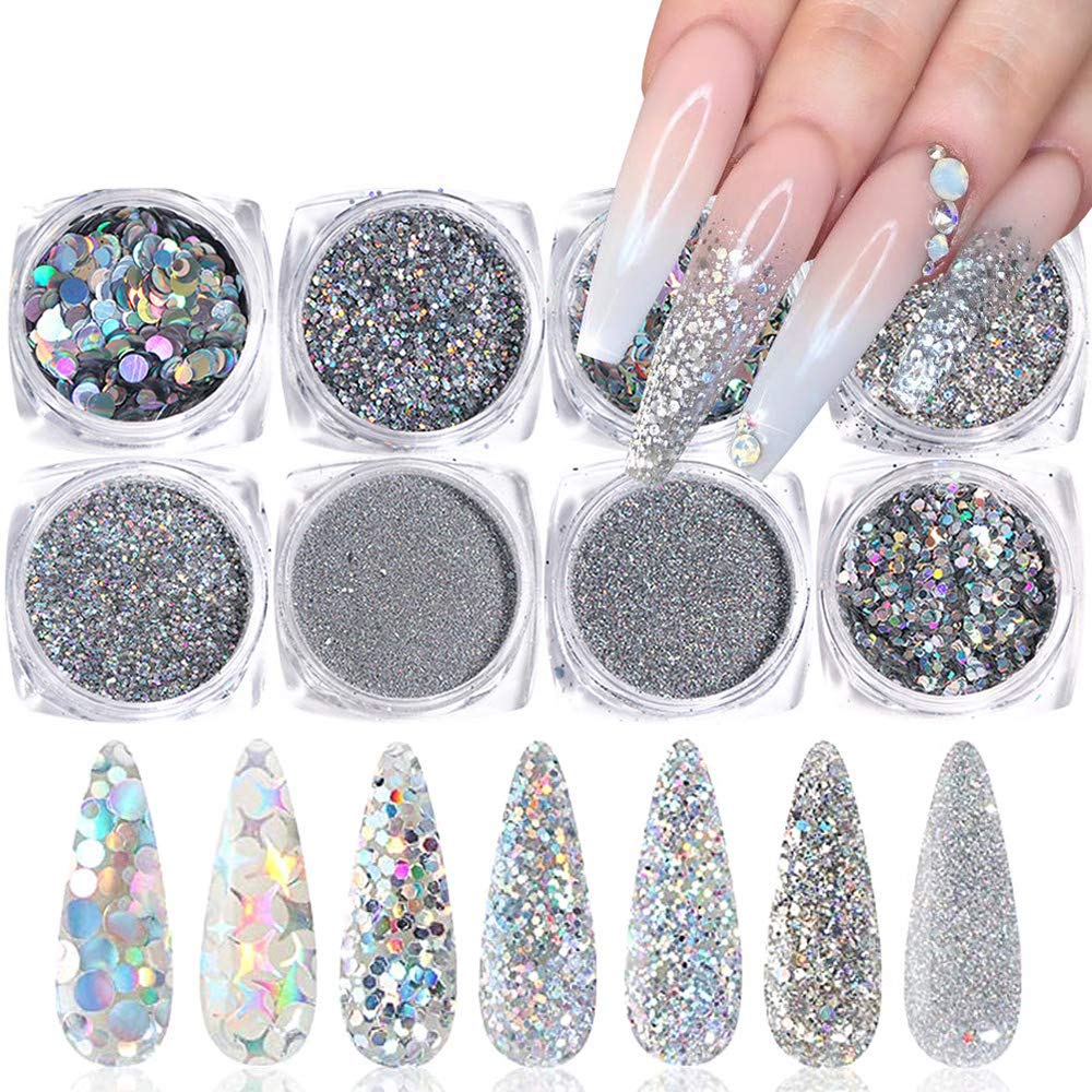 Holographic Nail Glitter, 12Girds 3D Laser Silver Nails Art Glitter Sequins  Metallic Shining Flakes Acrylic Powder Dust Sequins for Manicure Tips