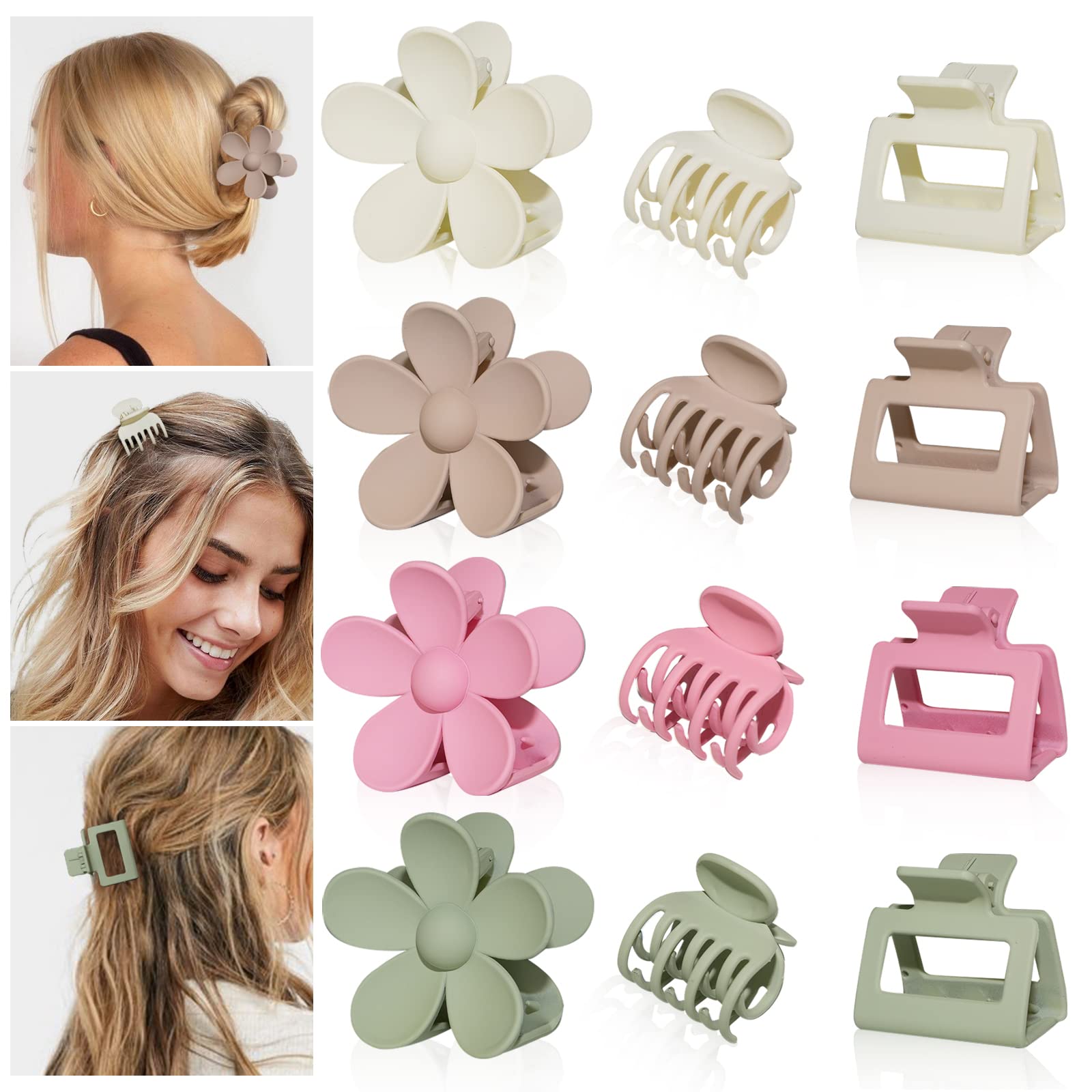12pcs Large Flower Claw Clips for Thick Thin Curly Hair Medium Square Claw  Hair Clips Women Cute Matte Small Hair Claw Clips for Thin Fine Hair Girls  3 Style Jaw Clamps 90s